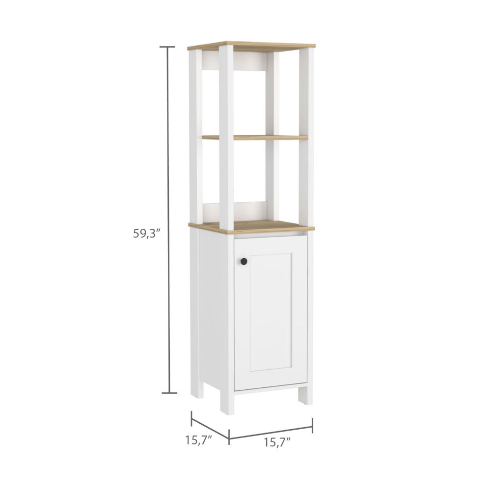 Linen Single Door Cabinet 59" H, Two Interior Shelves, Two Open Shelves, Light Oak White Multicolor Modern Particle Board Particle Board