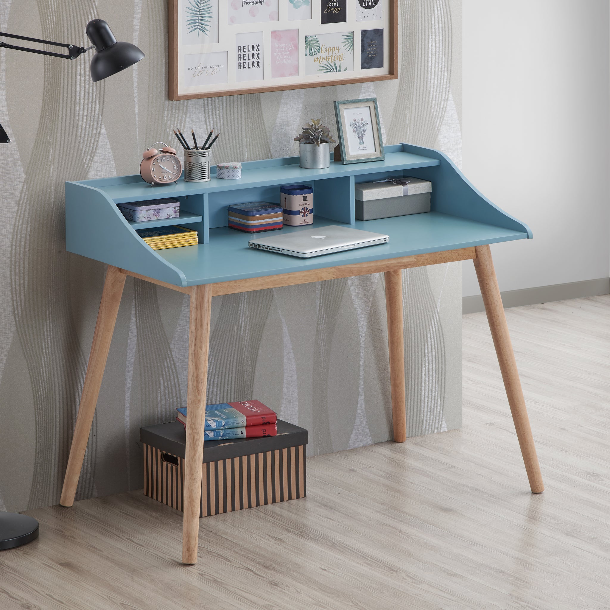 Roskilde Mid Century Modern Wood Writing Desk With Hutch, Blue Blue Rubber Wood