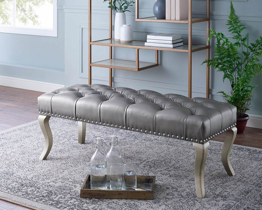 Decor Maxem Tufted Fabricupholstered Bench With Trim Silver Faux Leather