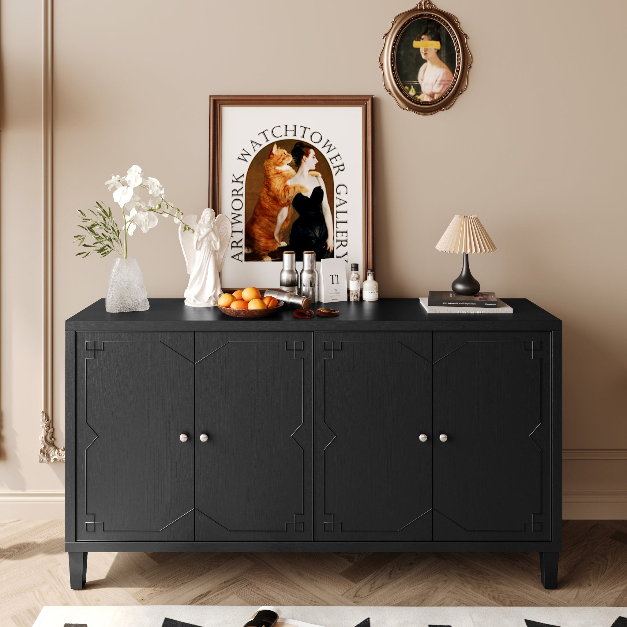 Accent Cabinet 4 Door Wooden Cabinet Sideboard Buffet Server Cabinet Storage Cabinet, For Living Room, Entryway, Hallway, Office, Kitchen And Dining Room, Matte Black Matte Matte Black Solid Wood Mdf