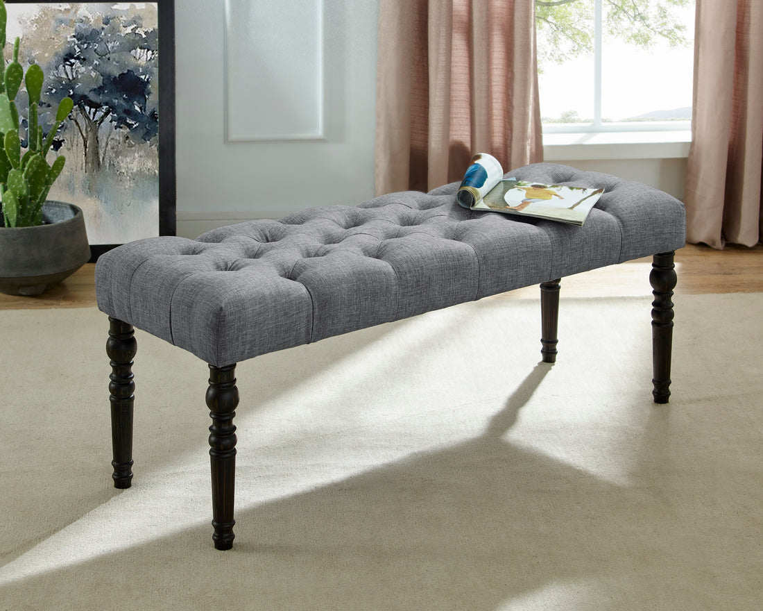 Leviton Fabric Tufted Turned Leg Dining Bench, Gray Gray Wood
