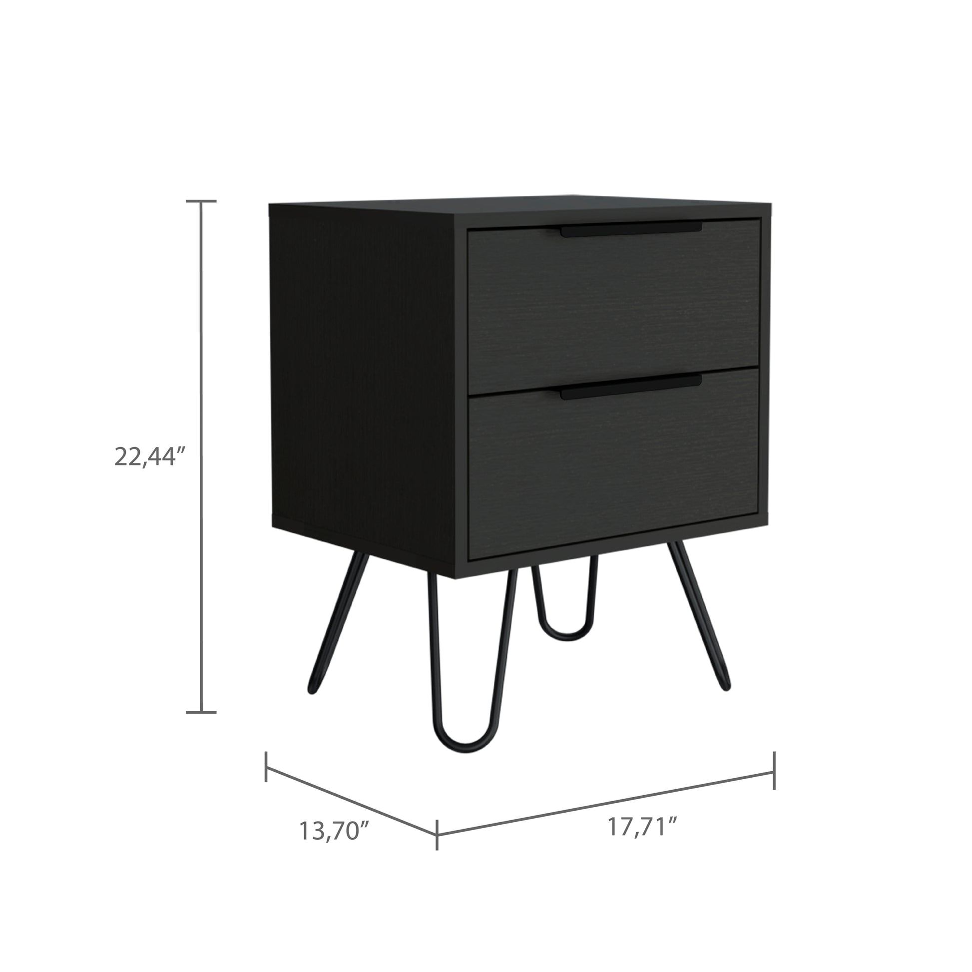 2 Nightstand, Hairpin Legs, Two Drawers, Black Black Particle Board Particle Board