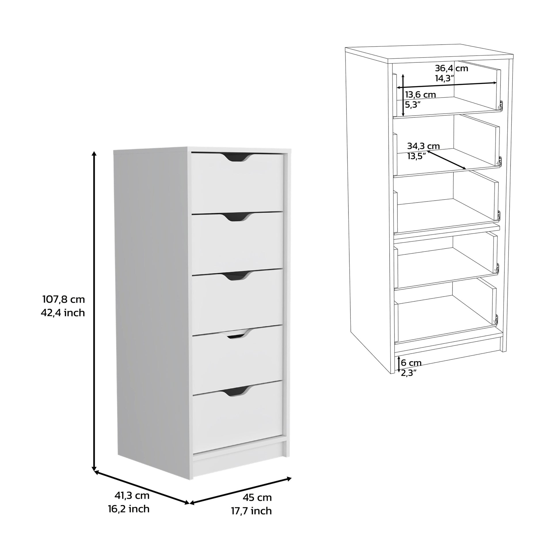 Dresser 42"H, 5 Drawersslim Storage Chest Of Drawers, White White Particle Board Particle Board