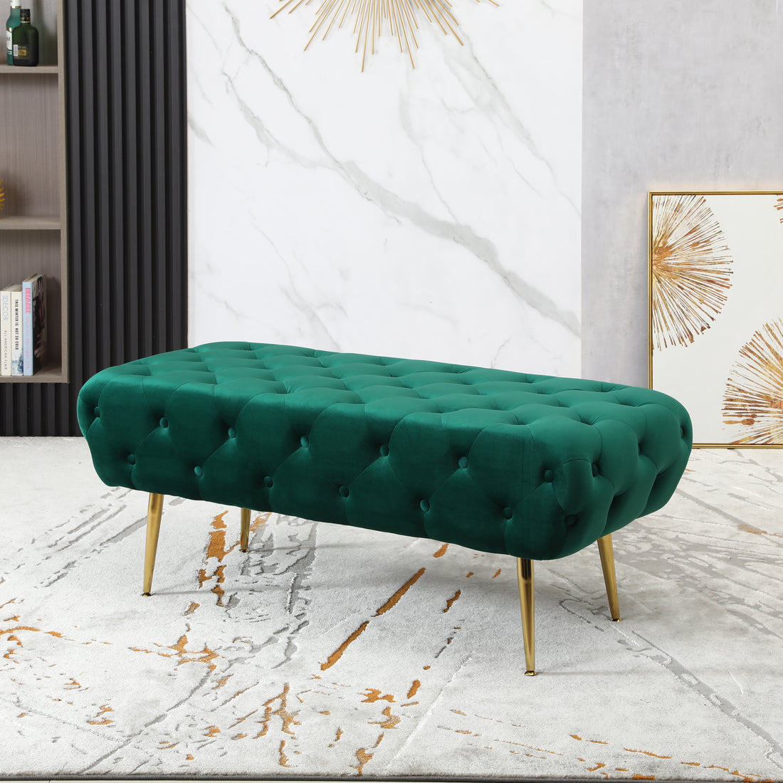 Sira Velvet Button Tufted Bench With Gold Metal Legs, Green Green Velvet