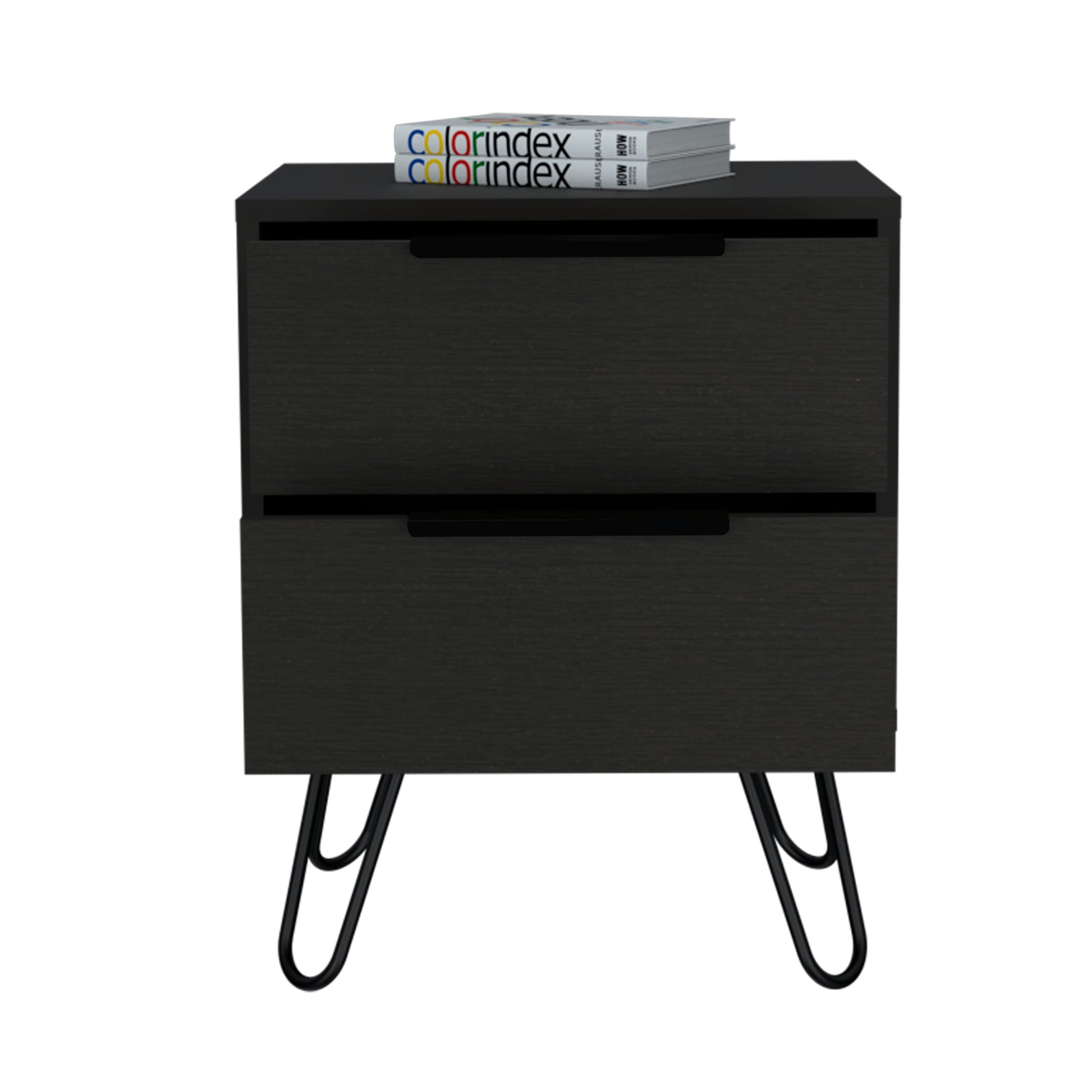 2 Nightstand, Hairpin Legs, Two Drawers, Black Black Particle Board Particle Board