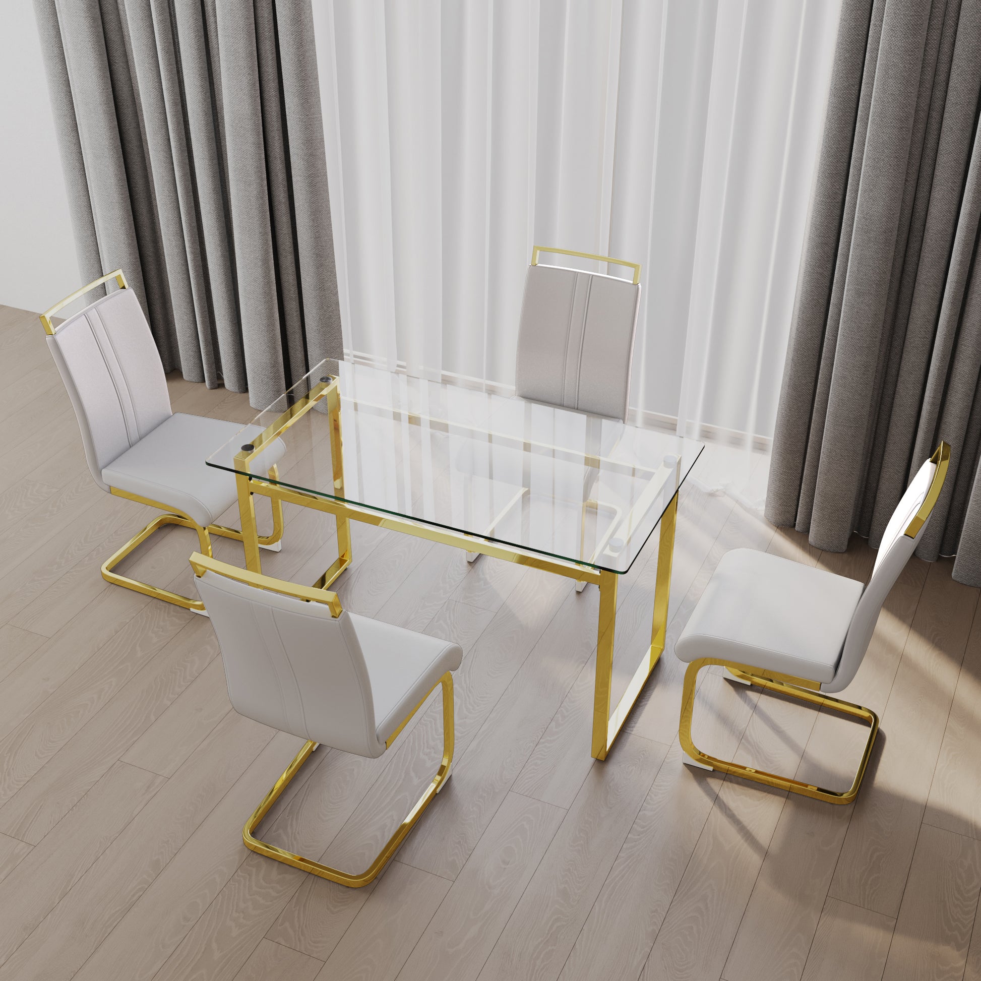 51 Inch Glass Dining Table Set For 4, Dining Table & Chair Sets With Golden Plating Legs For Kitchen, Modern Rectangle Tempered Glass Table Top And Pu Dining Armless Chair For Dining Room Transparent Glass