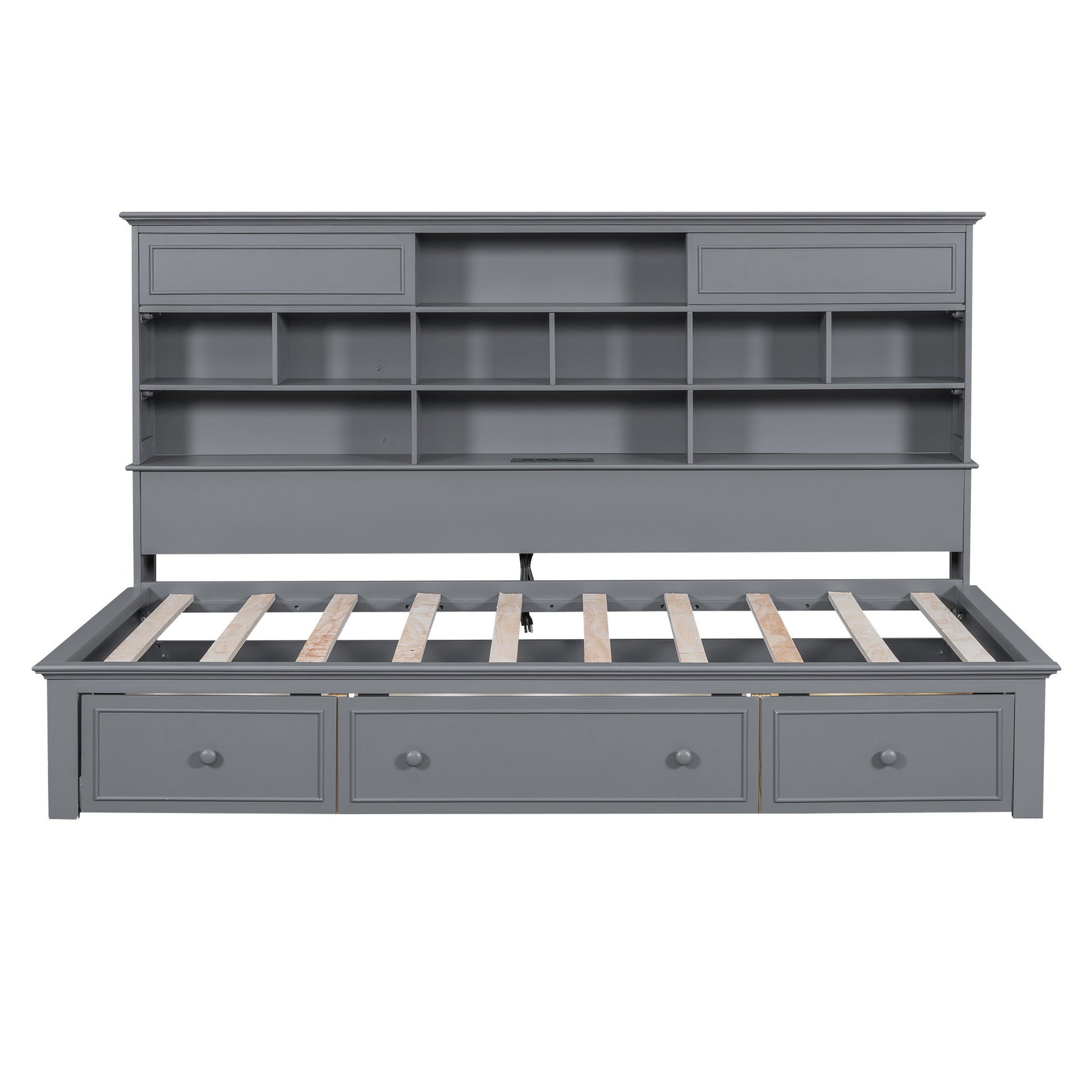 Twin Size Wood Daybed With Multi Storage Shelves, Charging Station And 3 Drawers, Gray Box Spring Not Required Twin Gray Wood Solid Wood Mdf