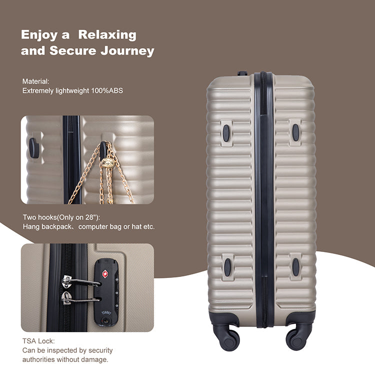 3 Piece Luggage Sets Abs Lightweight Suitcase With Two Hooks, Spinner Wheels, Tsa Lock, 20 24 28 Gold Gold Abs