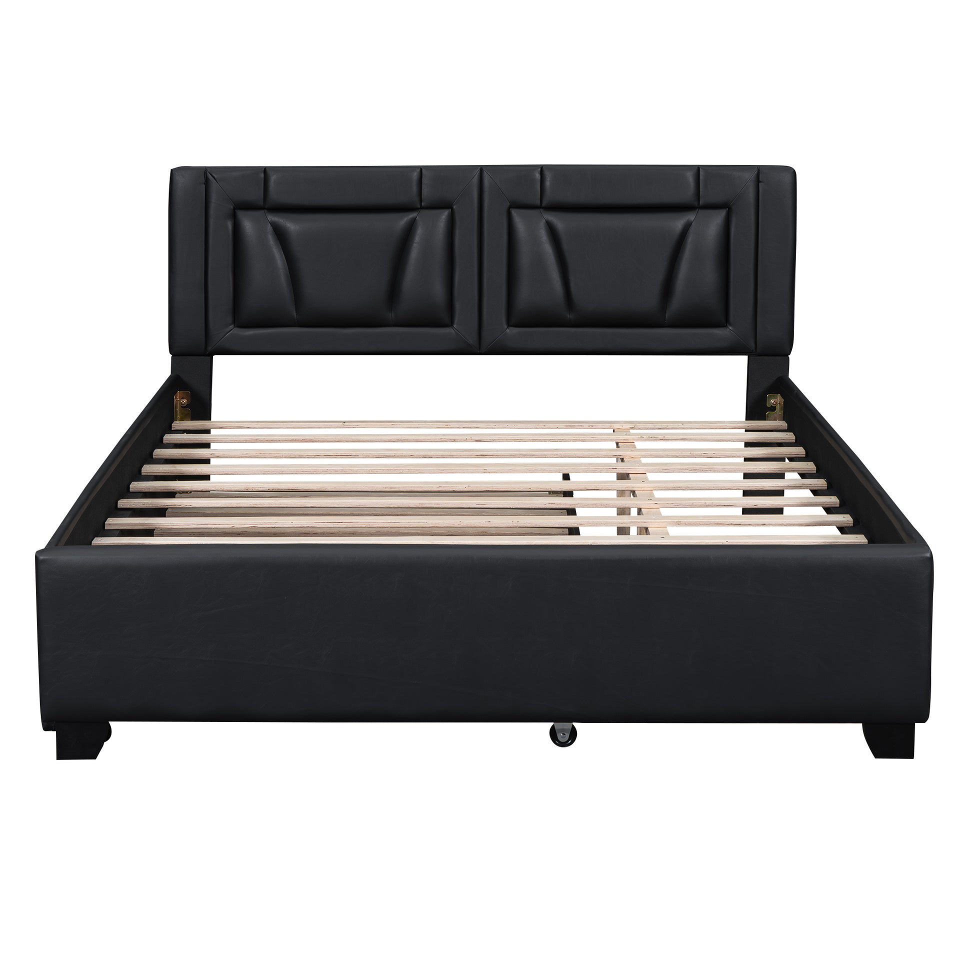 Queen Size Upholstered Platform Bed With Headboard And Twin Size Trundle, Black Box Spring Not Required Queen Black Bedroom Faux Leather Upholstered