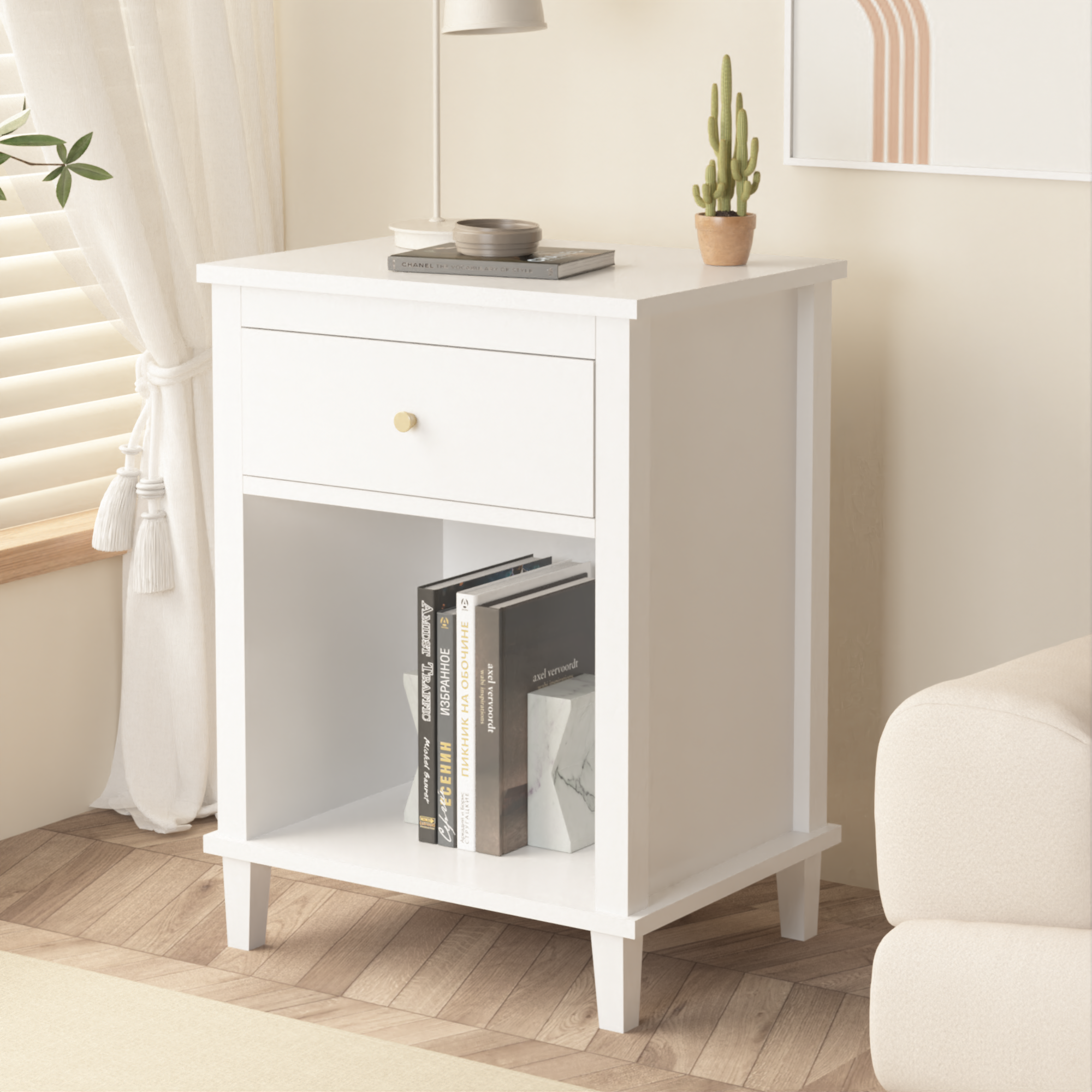 26.77''H Wooden Nightstand with One Drawer One Shelf white-mdf
