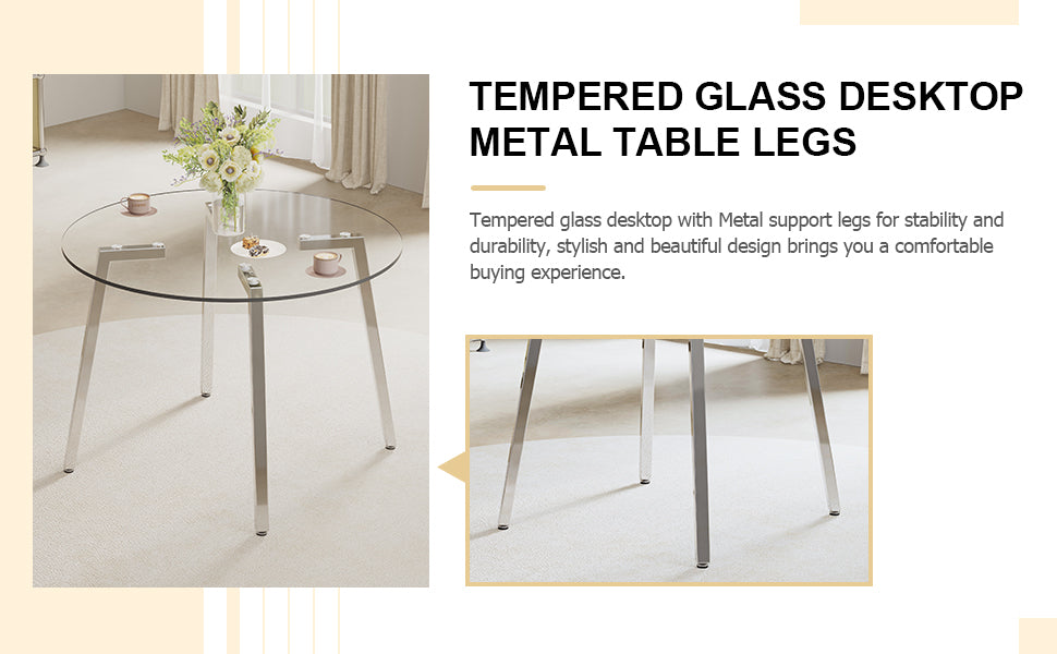 Modern Minimalist Style Circular Transparent Tempered Glass Table, Tempered Glass Tabletop, Silver Metal Table Legs, Suitable For Kitchen, Dining Room, And Living Room, 40 "* 40" * 29.5 "1123R Transparent Glass