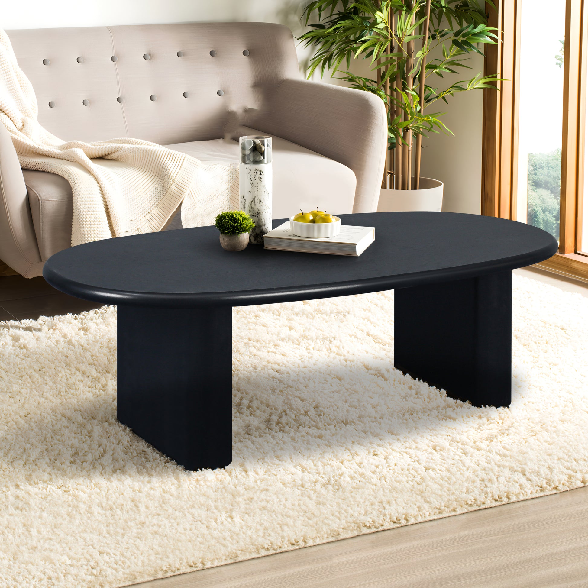 51'' Tapered Tabletop Coffee Table Black Antique Black Primary Living Space Open Storage Oval Mdf