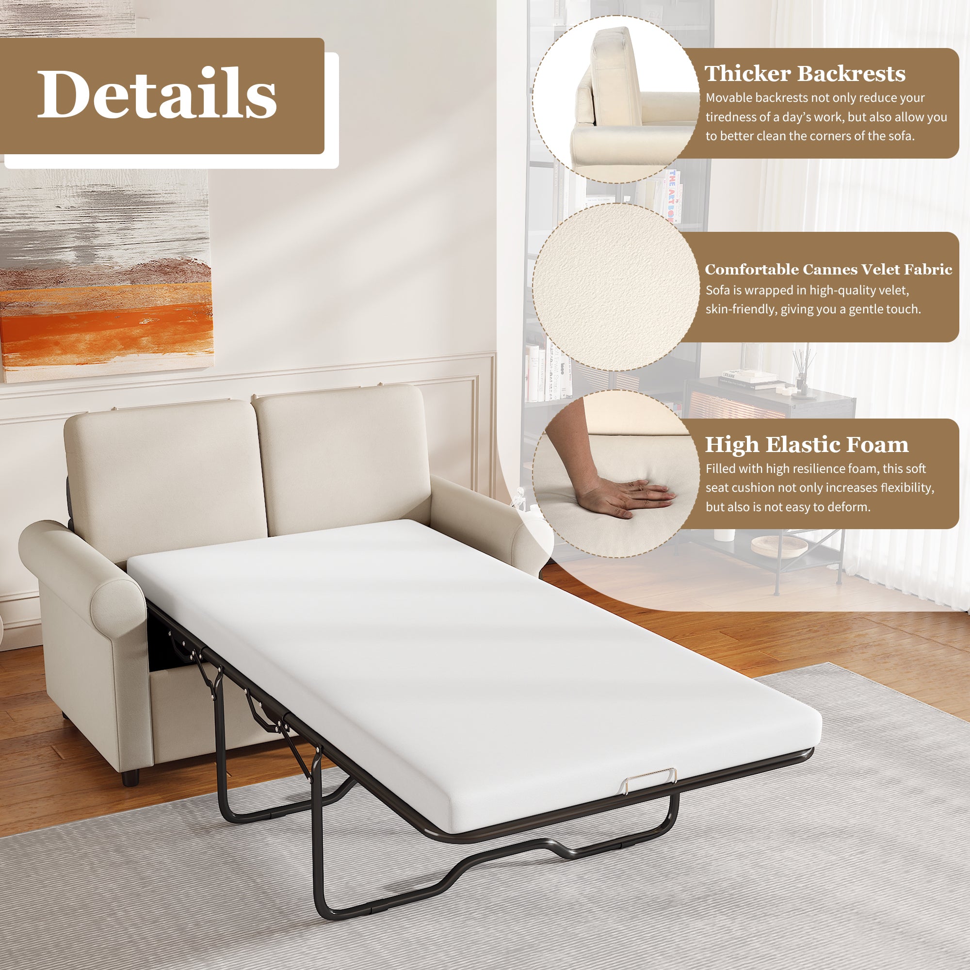 57.4" Pull Out Sofa Bed,Sleeper Sofa Bed with Premium beige-foam-velvet