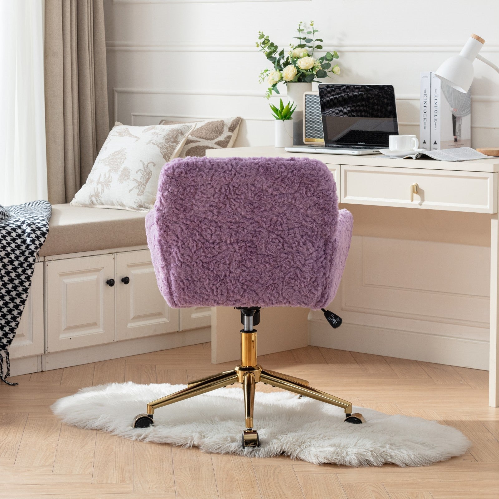 Office Chair,Artificial Rabbit Hair Home Office Chair With Golden Metal Base,Adjustable Desk Chair Swivel Office Chair,Vanity Chair Violet Violet Bedroom Foam Velvet