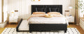Queen Size Upholstered Platform Bed With Headboard And Twin Size Trundle, Black Box Spring Not Required Queen Black Bedroom Faux Leather Upholstered