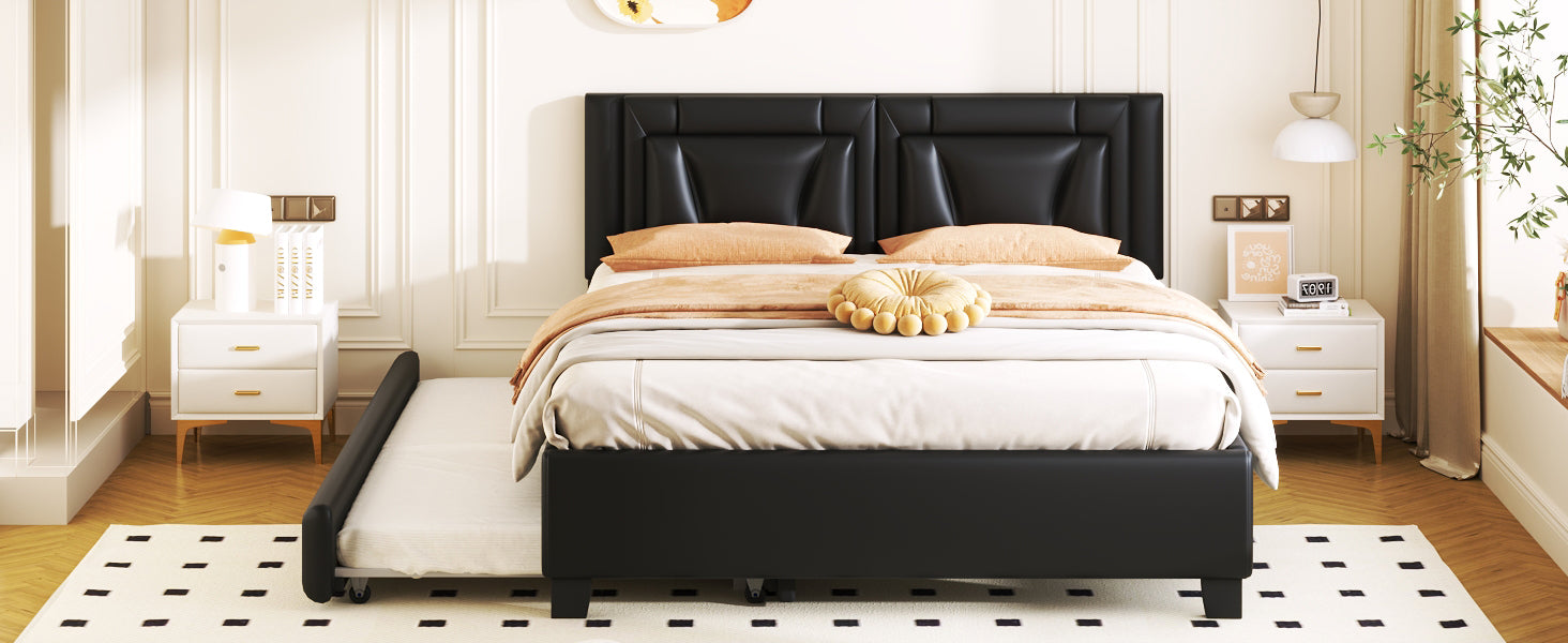 Queen Size Upholstered Platform Bed With Headboard And Twin Size Trundle, Black Box Spring Not Required Queen Black Bedroom Faux Leather Upholstered