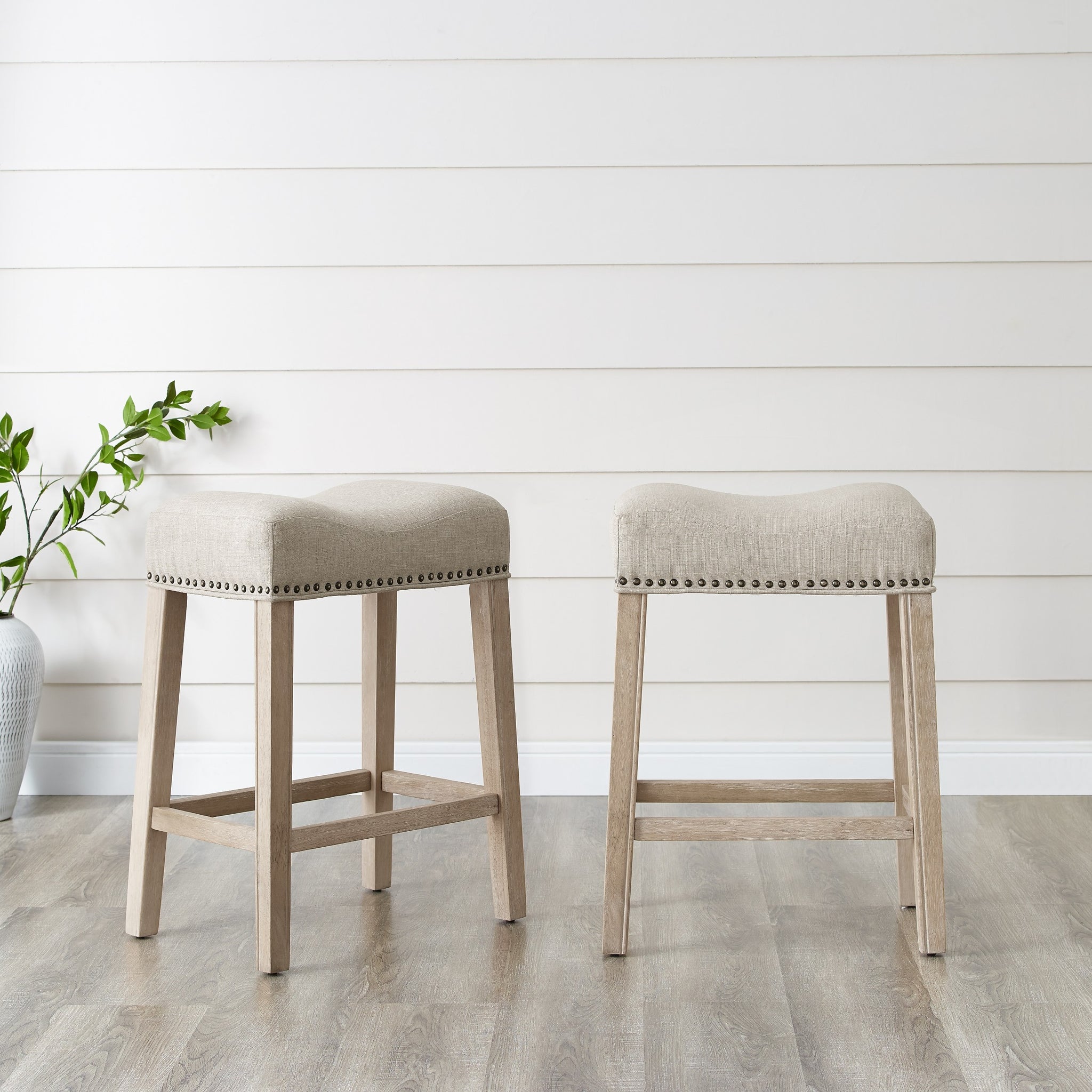 Coco Upholstered Backless Saddle Seat Counter Stools 24" Height Set Of 2, Tan Tan Wood