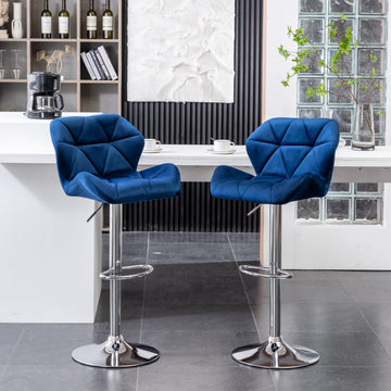 Breni Velvet Diamond Tufted Swivel Adjustable Height Barstool, Set Of 2, Blue Blue Velvet