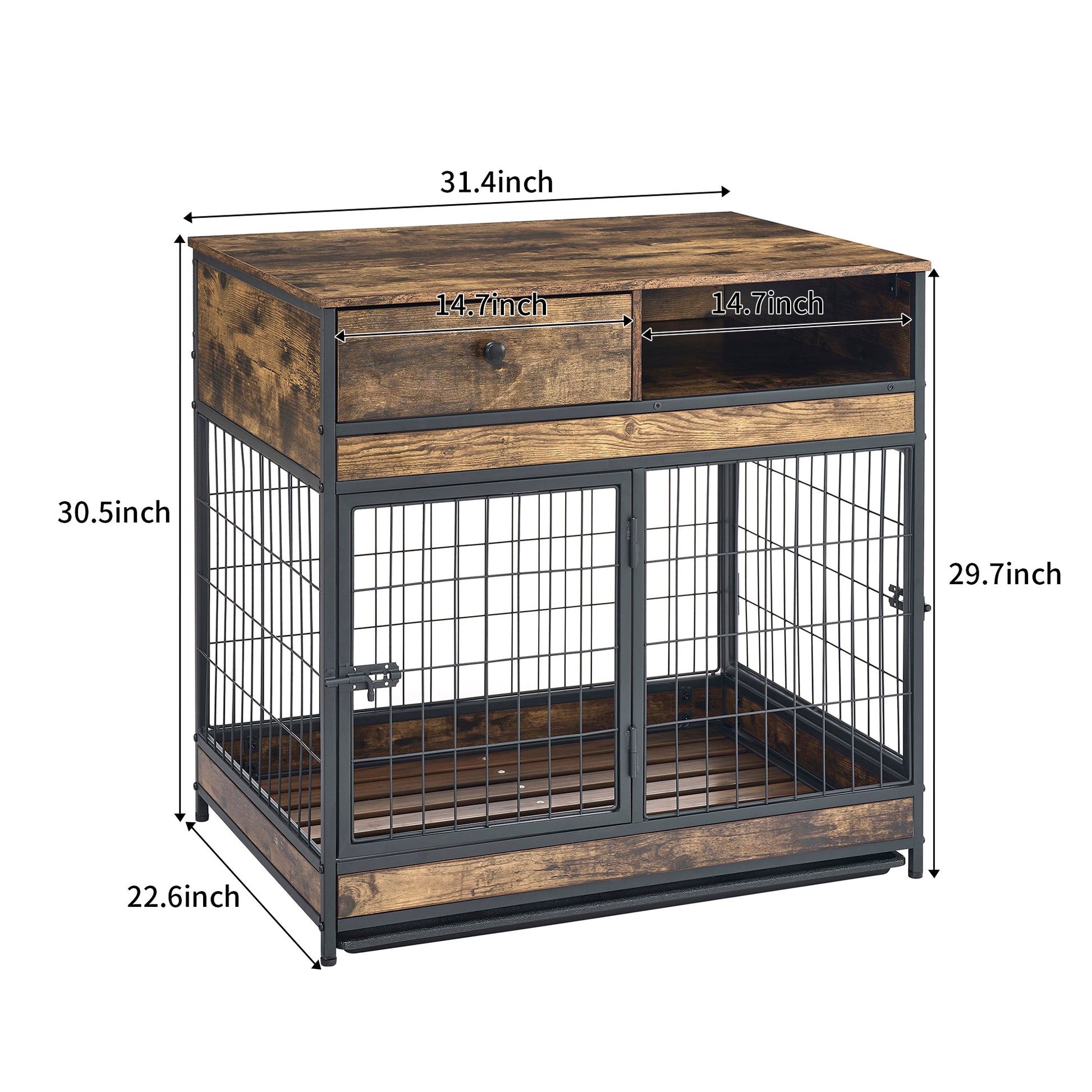 Furniture Dog Cage Crate With Double Doors ,Rustic Brown,31.5"Wx22.64"Dx30.59"H Antique Brown Metal & Wood