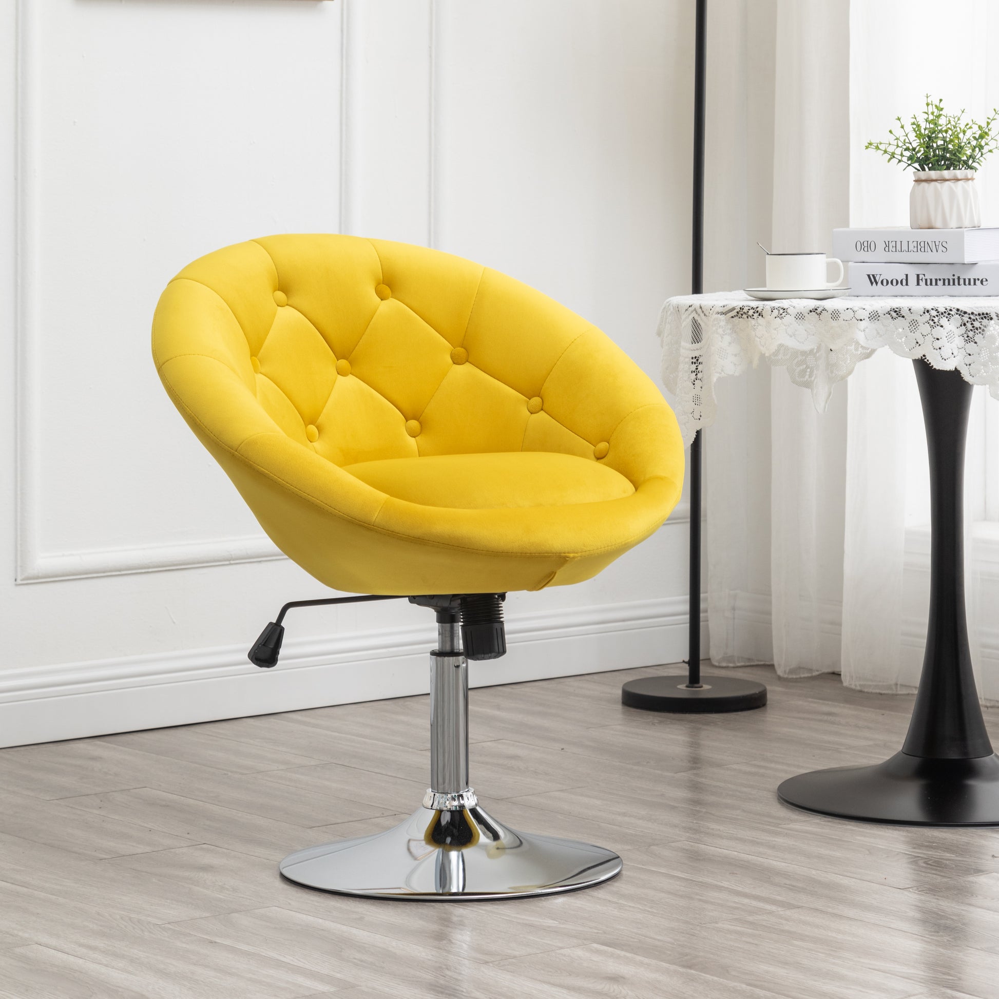 Noas Velvet Upholstered Tufted Back Swivel Accent Chair, Yellow Yellow Velvet