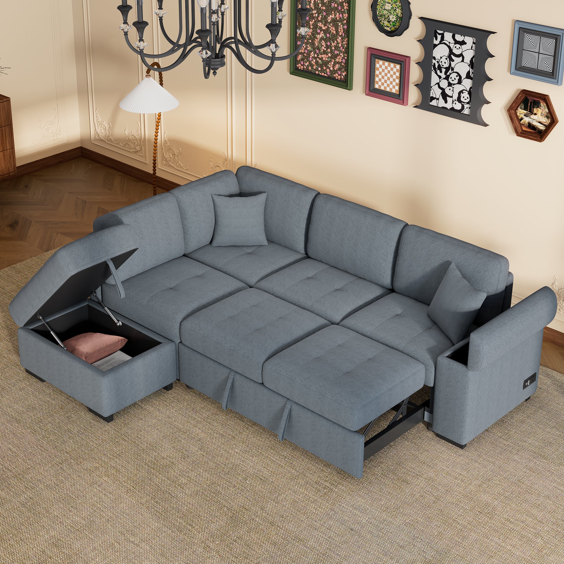 Sleeper Sectional Sofa, L Shape Corner Couch Sofa Bed With Storage Ottoman & Hidden Arm Storage & Usb Charge For Living Room Apartment, Dark Gray Dark Gray Linen 4 Seat