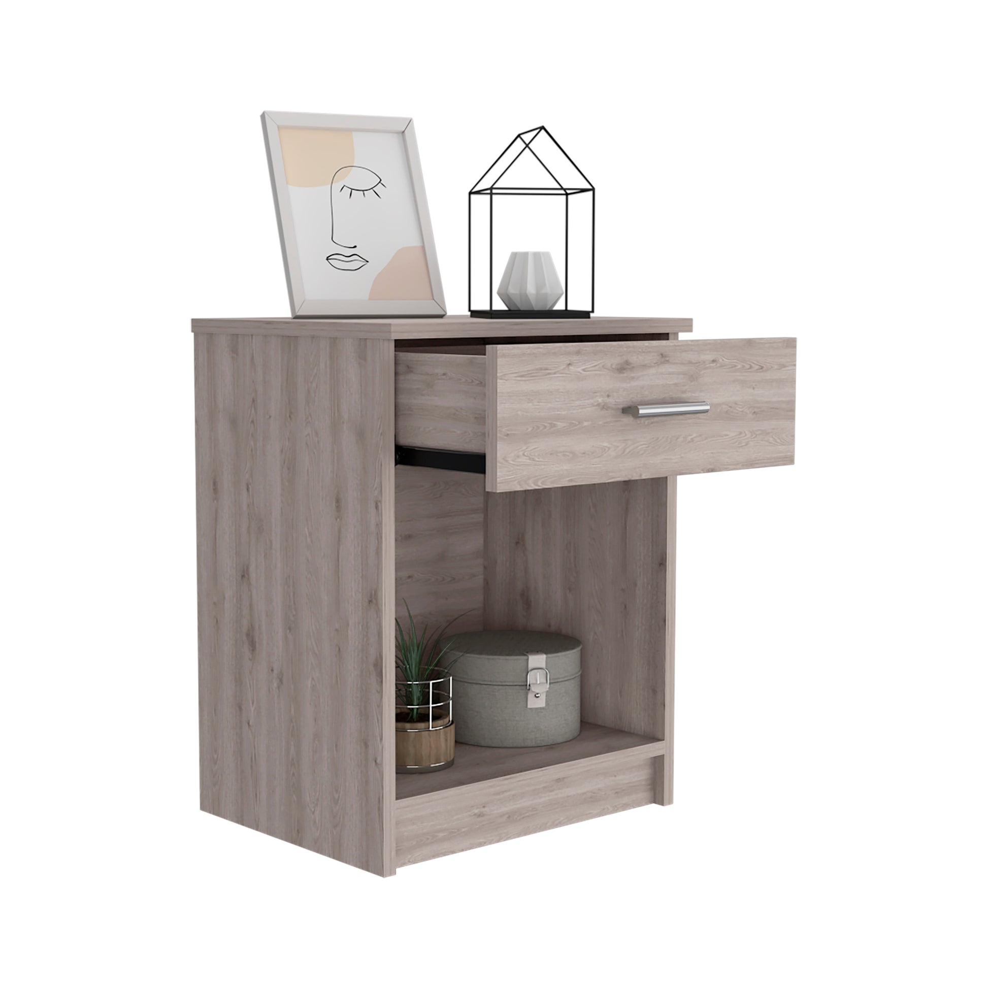 Nightstand 21"H, One Drawer, Low Shelf, Superior Top, Light Gray Gray Particle Board Particle Board