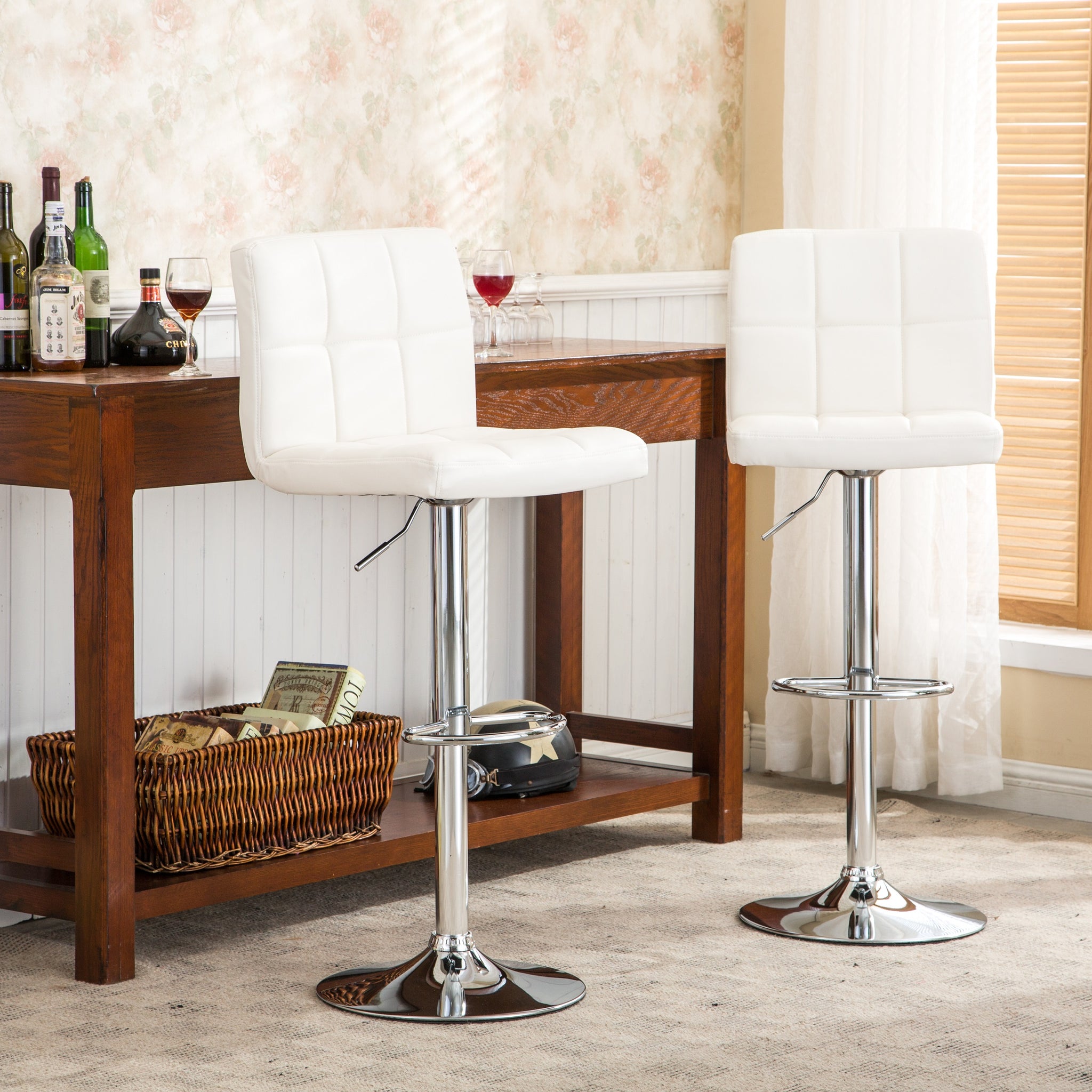 Swivel Faux Leather Adjustable Hydraulic Bar Stool, Set Of 2, White White Faux Leather