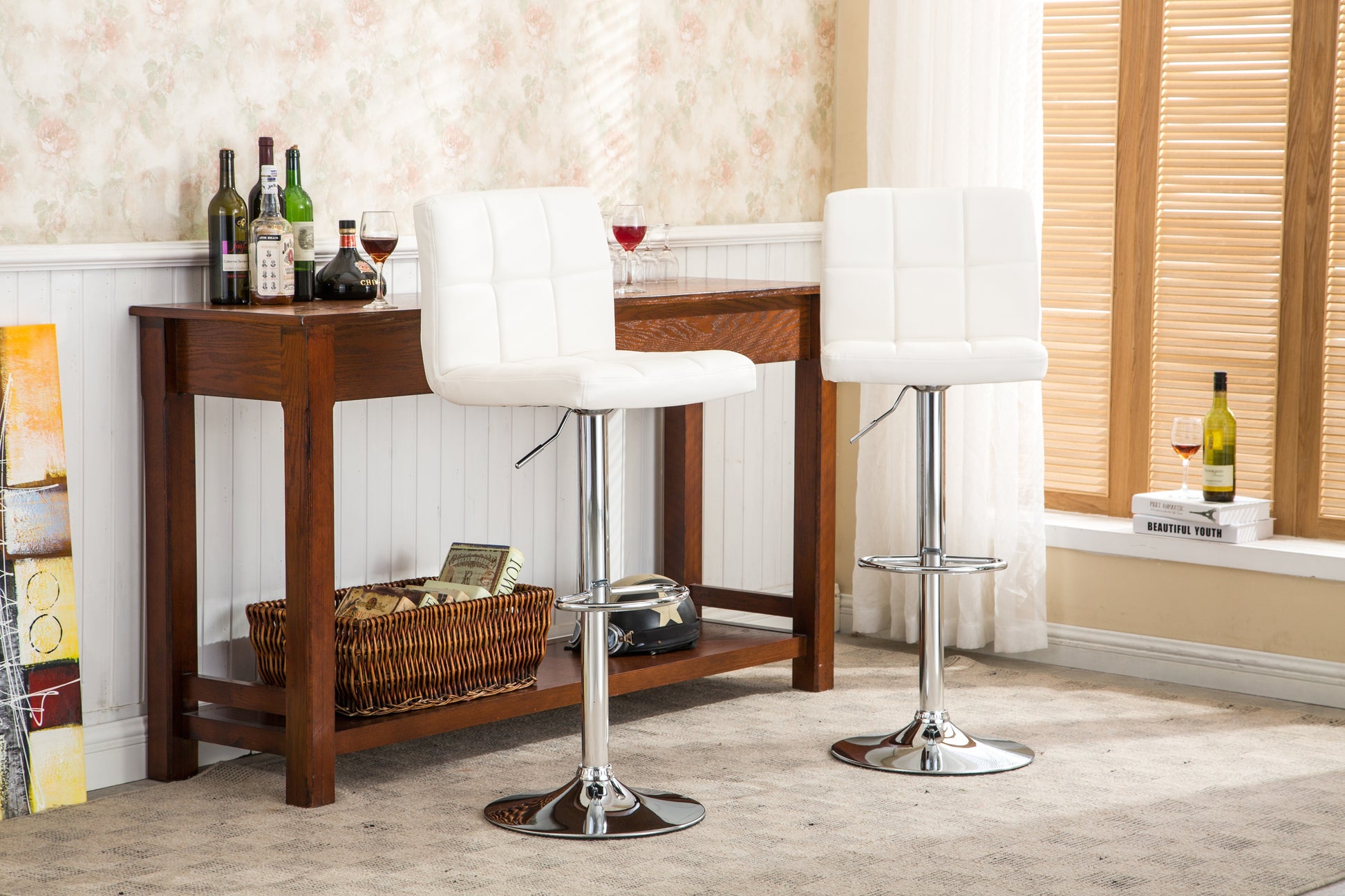 Swivel Faux Leather Adjustable Hydraulic Bar Stool, Set Of 2, White White Faux Leather