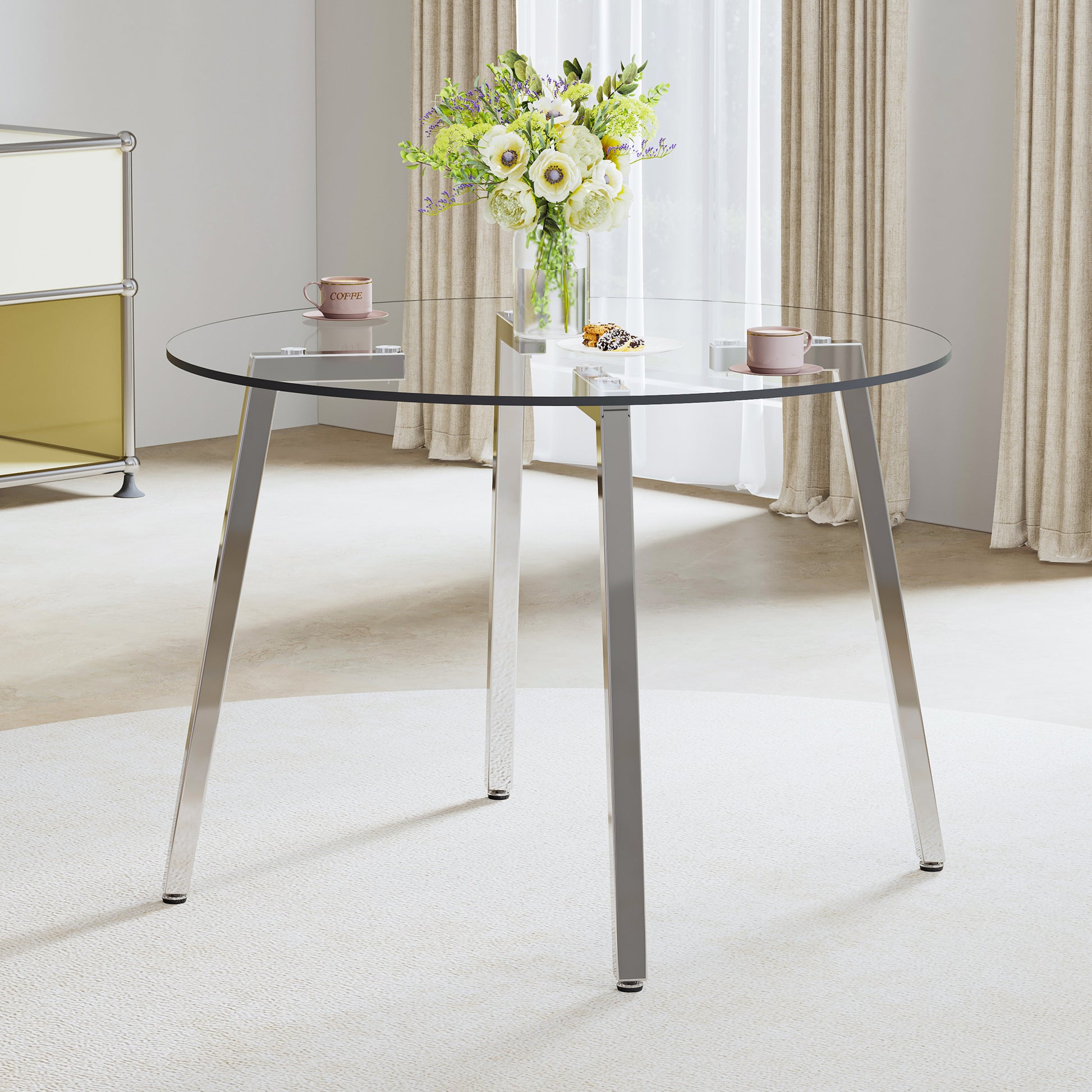 Modern Minimalist Style Circular Transparent Tempered Glass Table, Tempered Glass Tabletop, Silver Metal Table Legs, Suitable For Kitchen, Dining Room, And Living Room, 42 "* 42" * 29.5 "1123R Transparent Glass