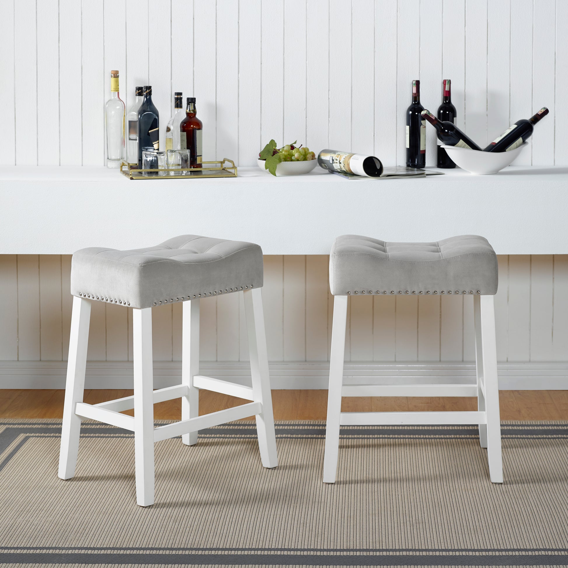 Morovo Set Of 2 Velvet Counter Height Stools With Tufted Saddle Seats, White Wash Finish, Gray Gray Fabric