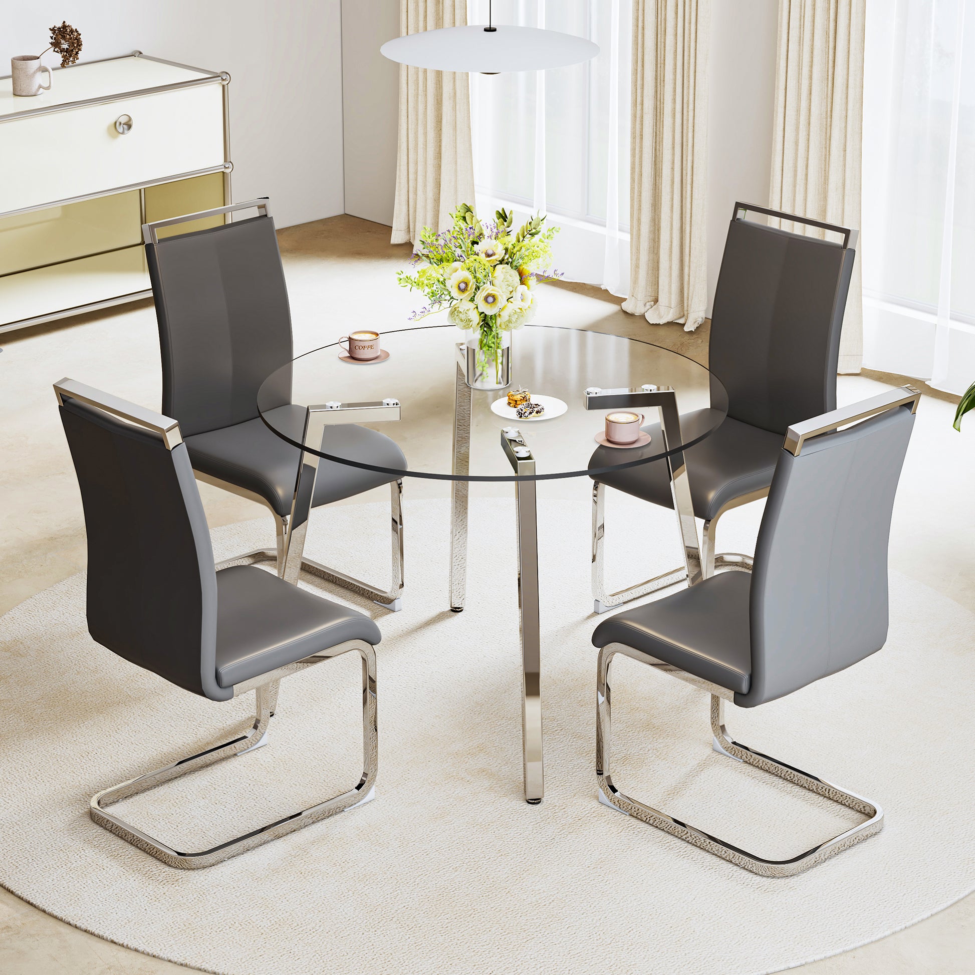 Modern Minimalist Style Circular Transparent Tempered Glass Table, Tempered Glass Tabletop, Silver Metal Table Legs, Suitable For Kitchen, Dining Room, And Living Room, 42 "* 42" * 29.5 "1123R Transparent Glass