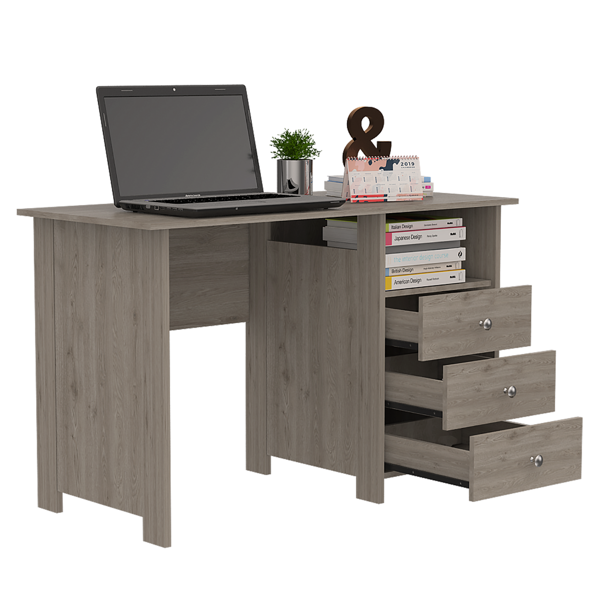 Antara Computer Desk With Open Storage Shelf And 3 Drawers, Light Gray Gray Particle Board Particle Board