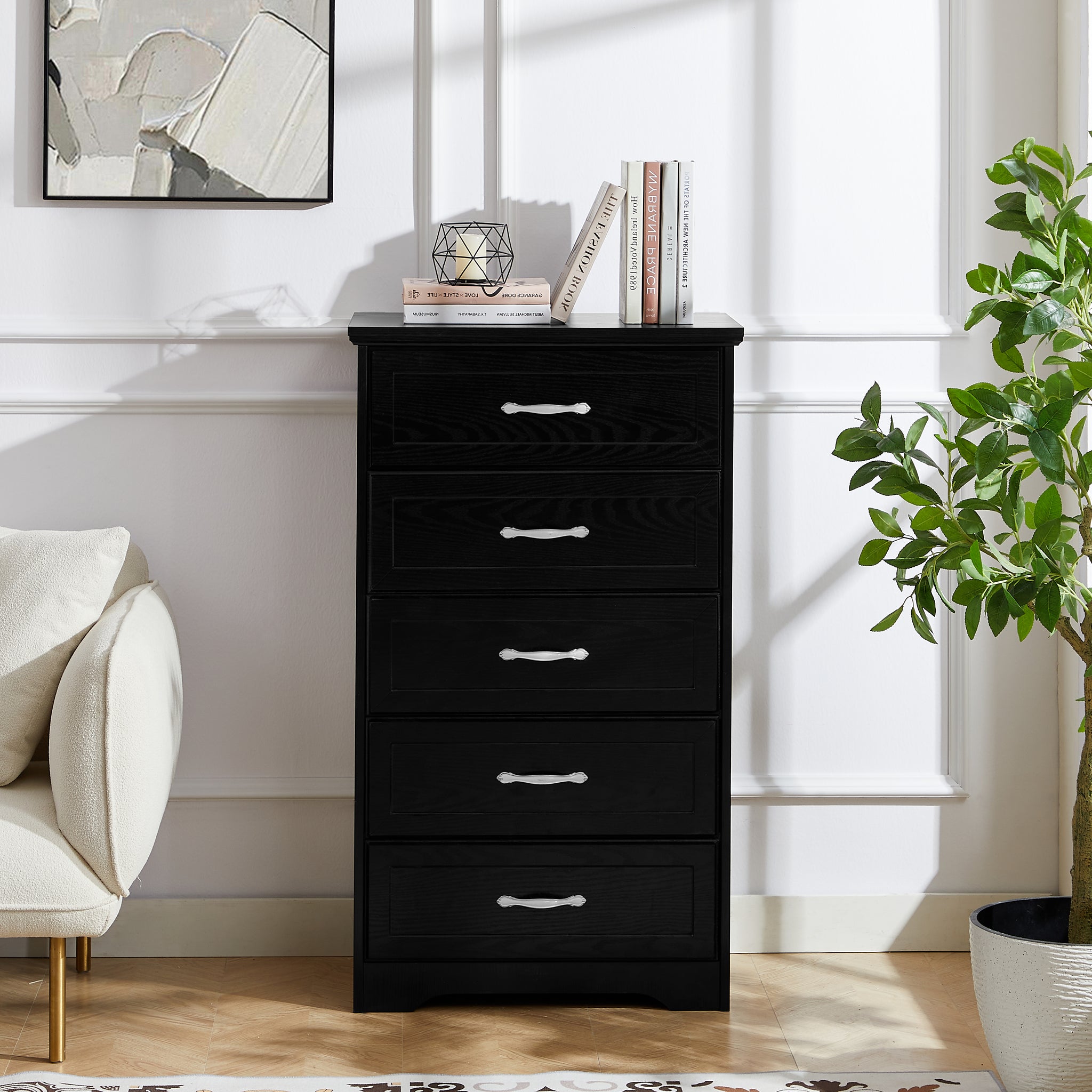 Modern 5 Tier Bedroom Chest Of Drawers, Dresser With Drawers, Clothes Organizer Metal Pulls For Living Room, Bedroom, Hallway, Black, 25.2 L X 15.8 W X 43.5 H Black Particle Board