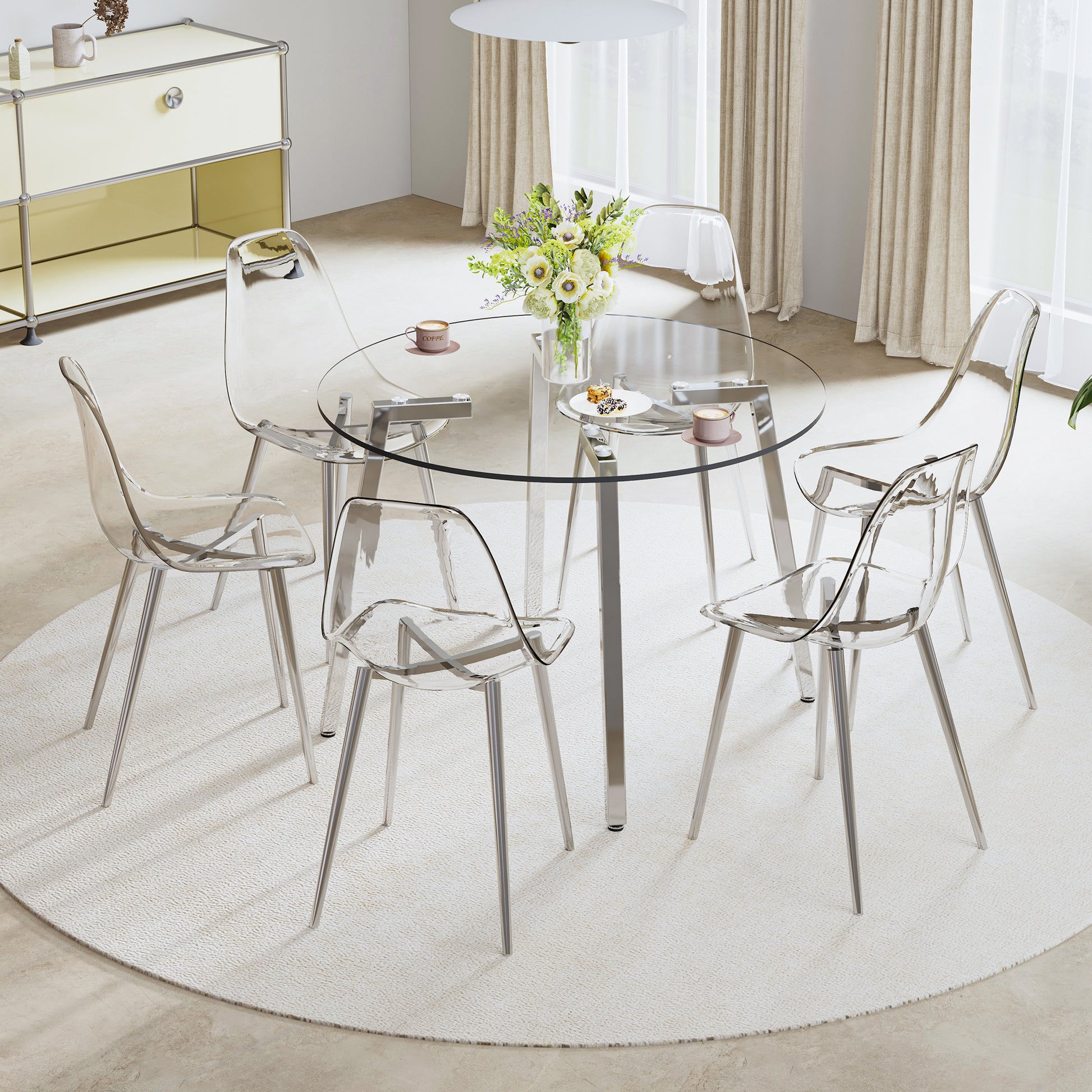 Modern Minimalist Style Circular Transparent Tempered Glass Table, Tempered Glass Tabletop, Silver Metal Table Legs, Suitable For Kitchen, Dining Room, And Living Room, 42 "* 42" * 29.5 "1123R Transparent Glass