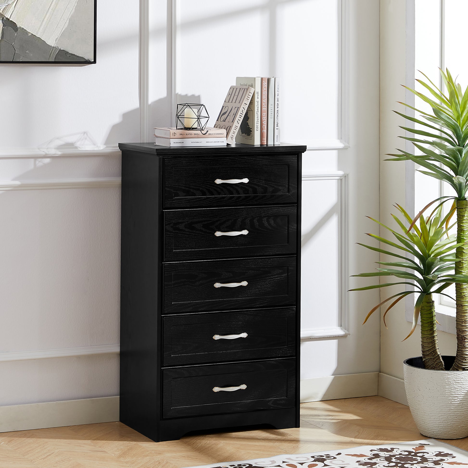 Modern 5 Tier Bedroom Chest Of Drawers, Dresser With Drawers, Clothes Organizer Metal Pulls For Living Room, Bedroom, Hallway, Black, 25.2 L X 15.8 W X 43.5 H Black Particle Board