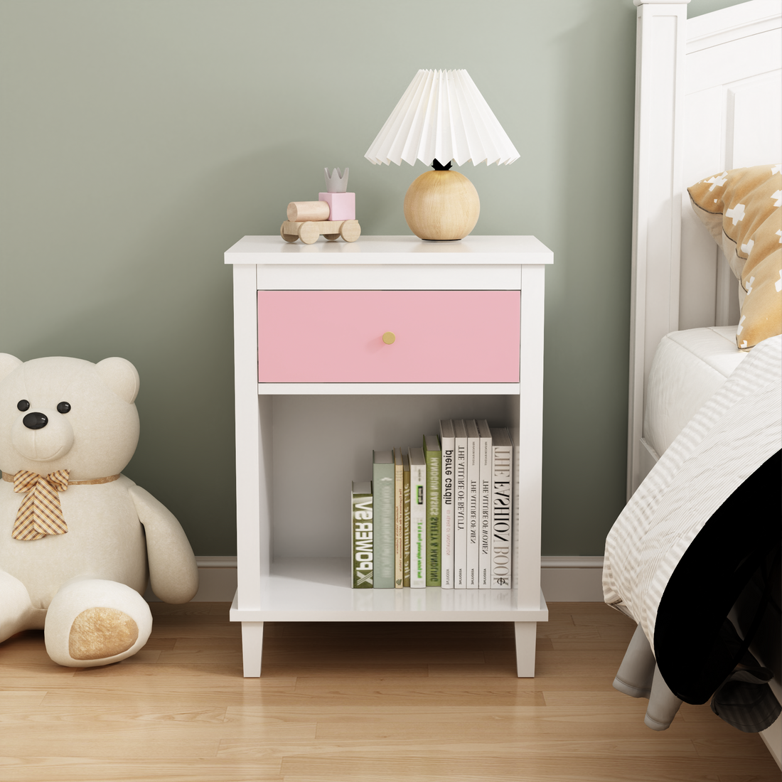 26.77''H Wooden Nightstand with One Drawer One Shelf pink-mdf