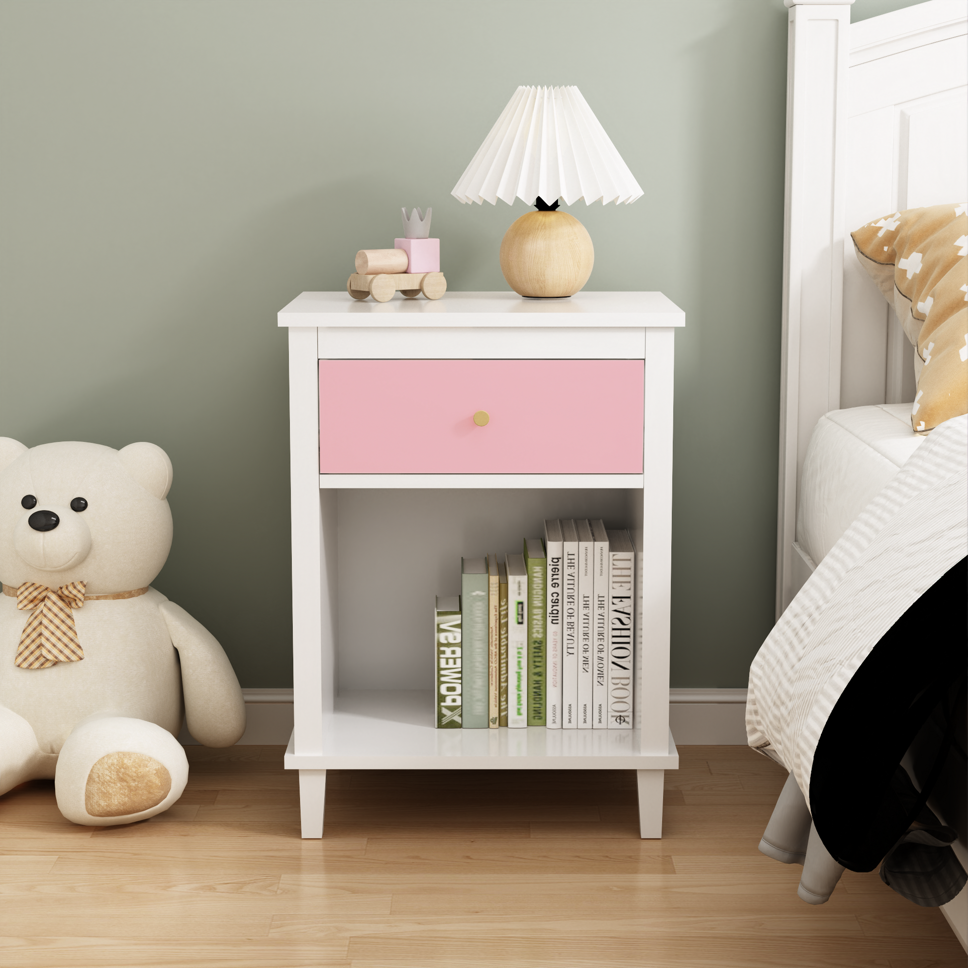 26.77''H Wooden Nightstand With One Drawer One Shelf For Kids, Adults, Pink Pink Mdf