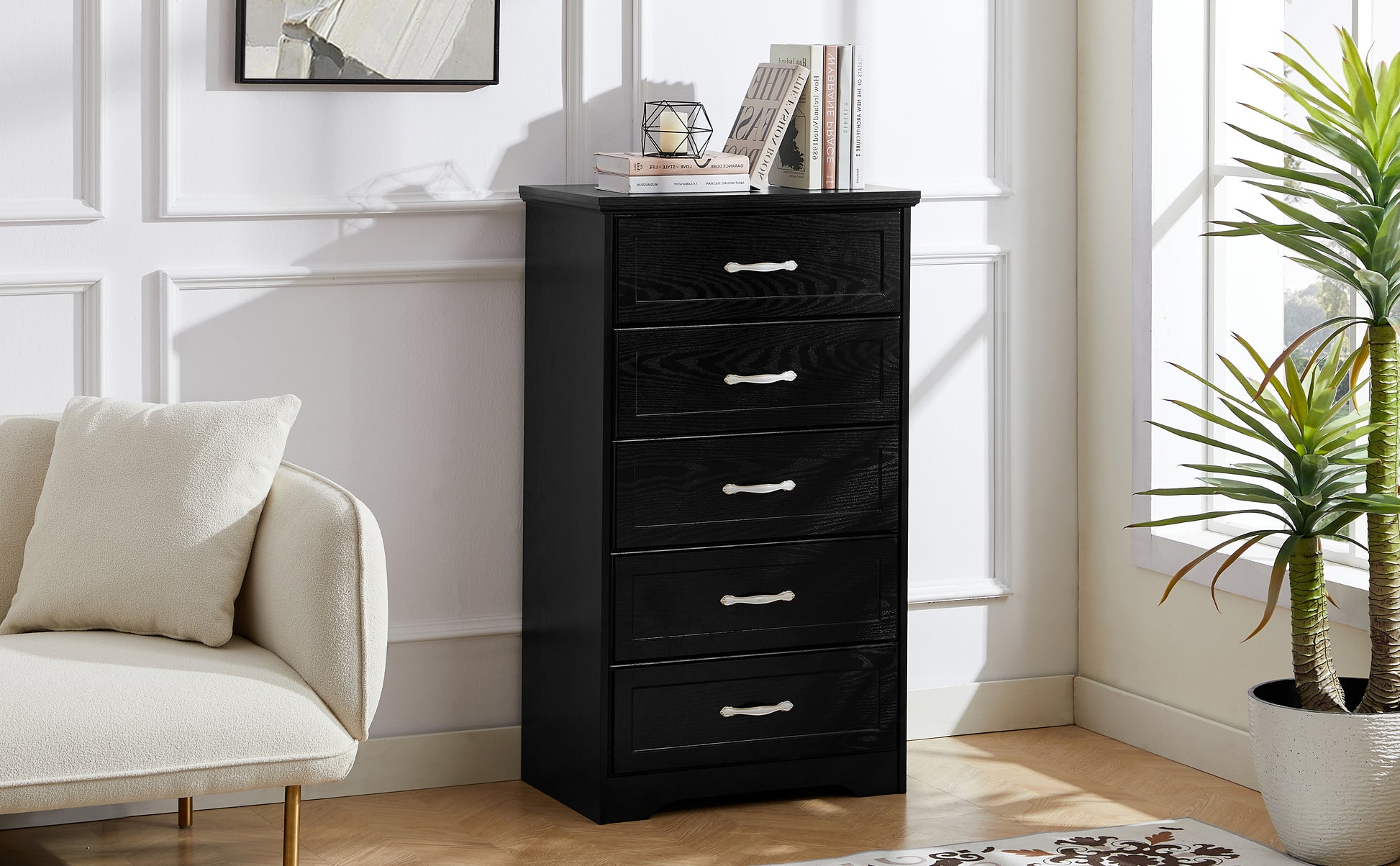 Modern 5 Tier Bedroom Chest Of Drawers, Dresser With Drawers, Clothes Organizer Metal Pulls For Living Room, Bedroom, Hallway, Black, 25.2 L X 15.8 W X 43.5 H Black Particle Board