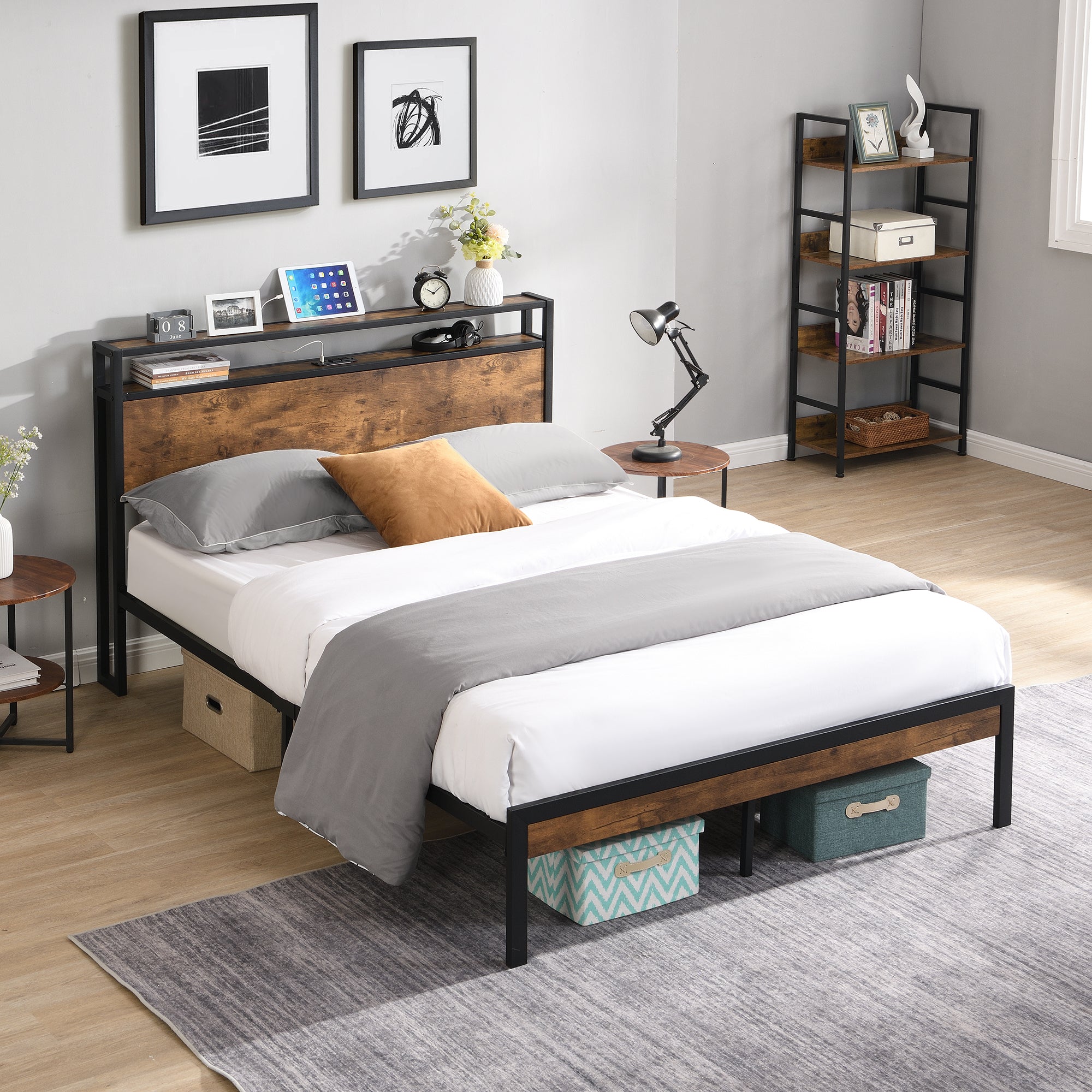 Full Size Metal Platform Bed Frame with Wooden black-metal