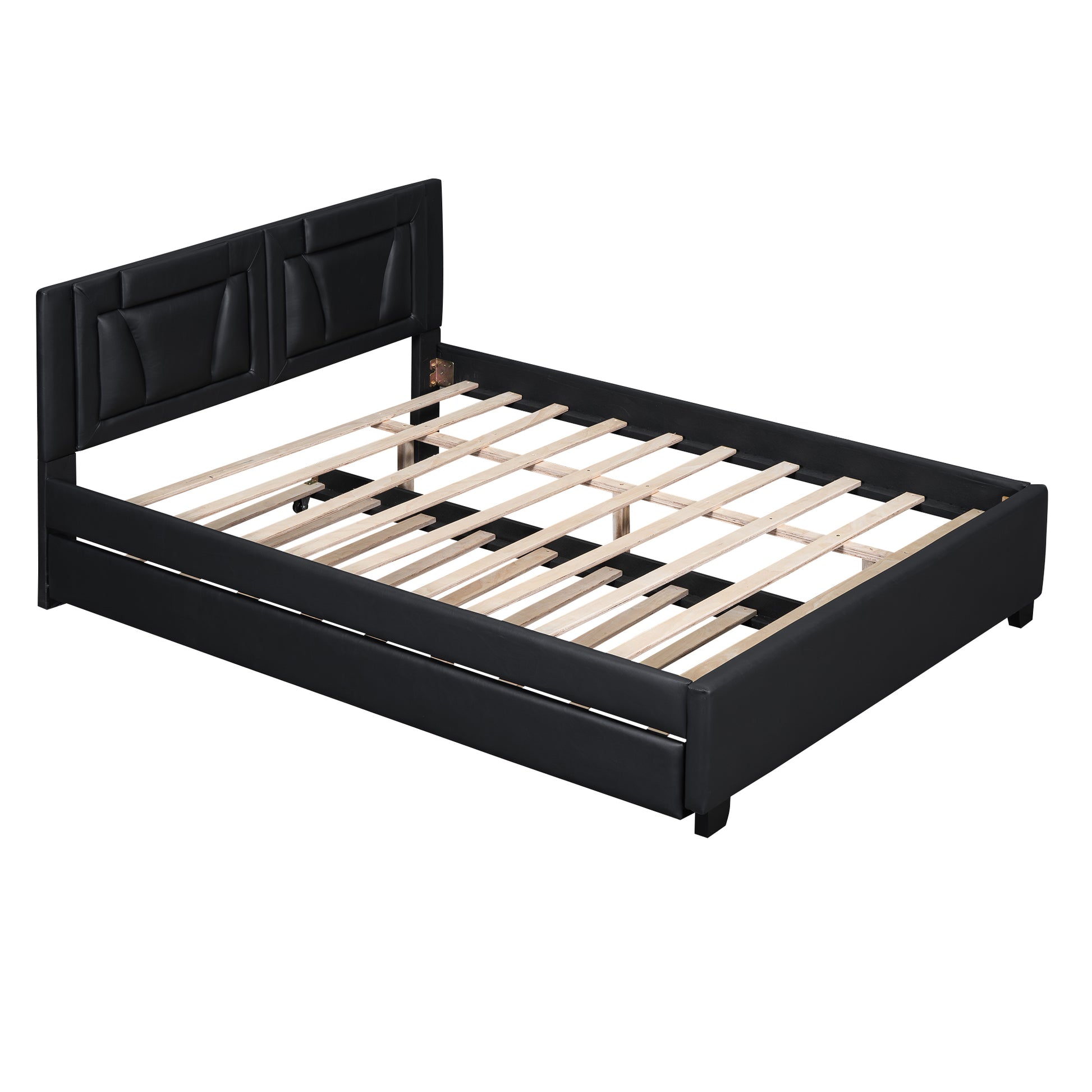 Queen Size Upholstered Platform Bed With Headboard And Twin Size Trundle, Black Box Spring Not Required Queen Black Bedroom Faux Leather Upholstered