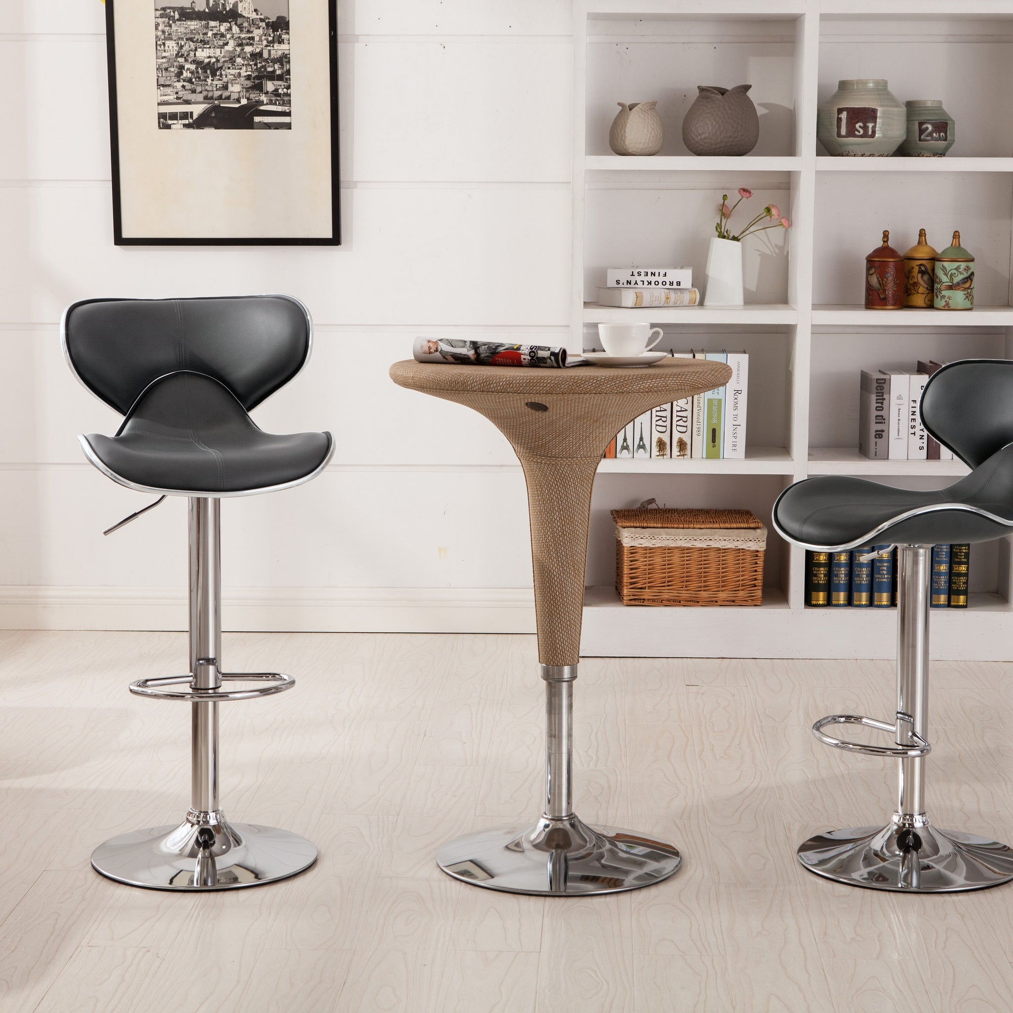 Masaccio Upholstery Airlift Adjustable Swivel Barstool With Chrome Base, Set Of 2, Grey Gray Faux Leather