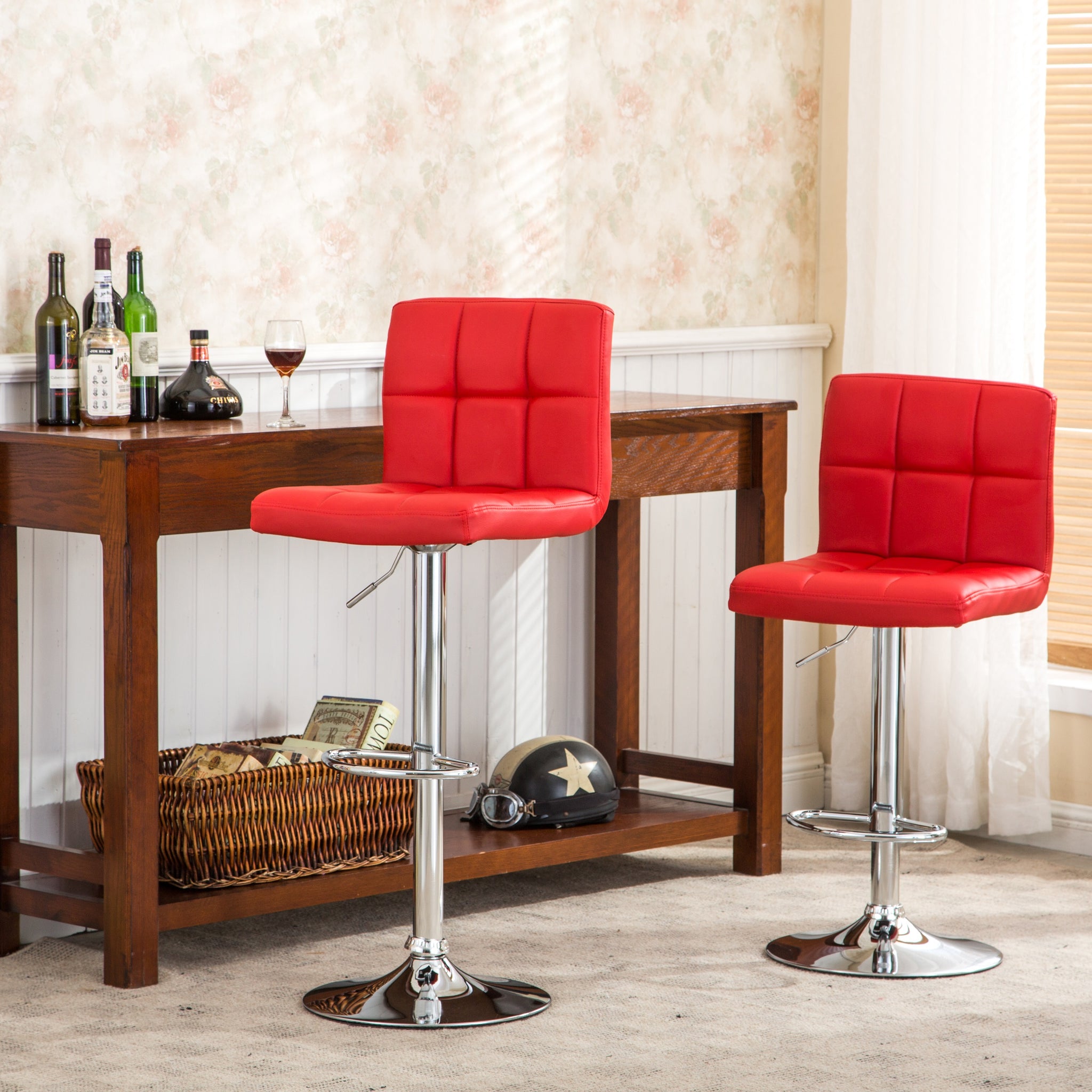 Swivel Faux Leather Adjustable Hydraulic Bar Stool, Set Of 2, Red Red Faux Leather