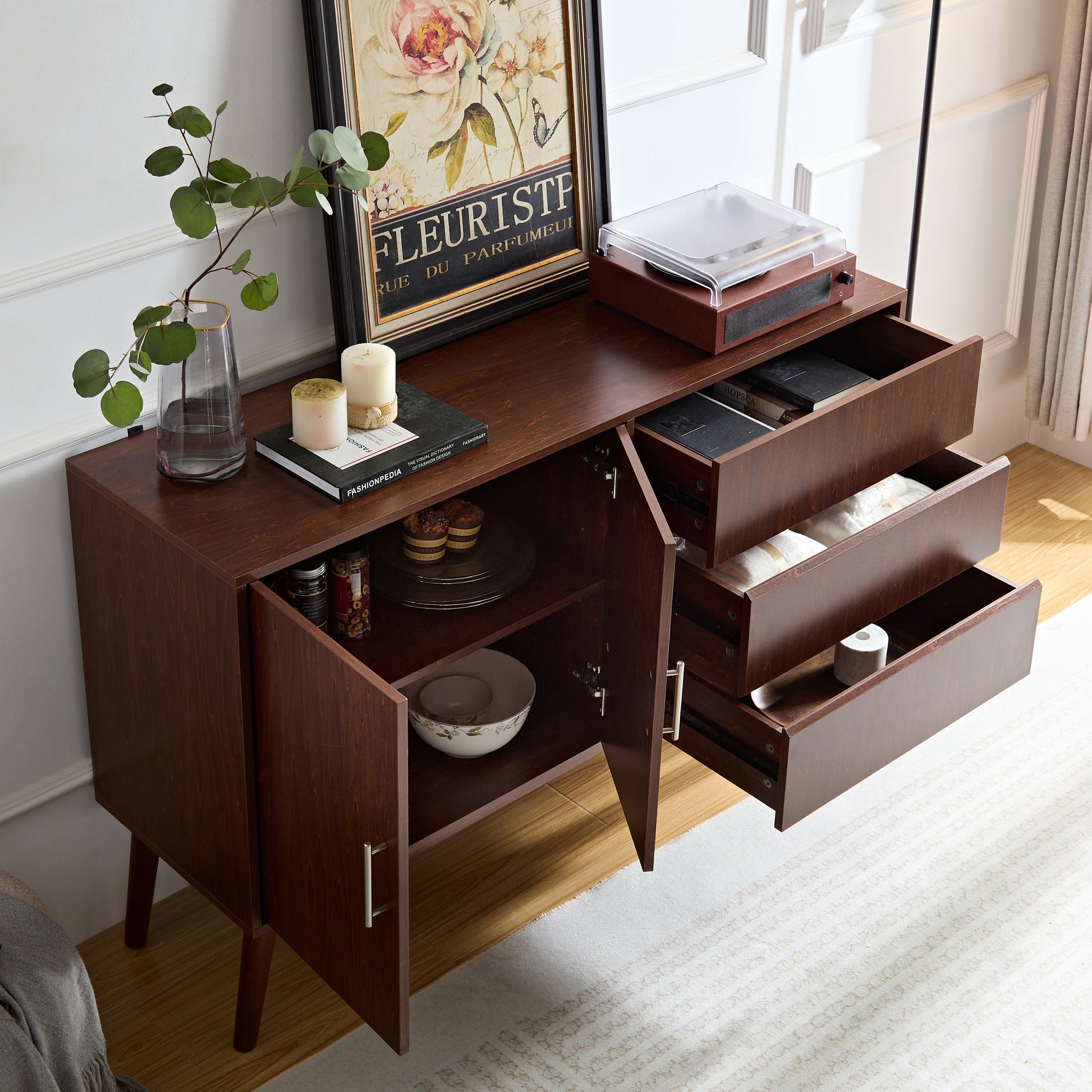 Sideboard Buffet Console Table With Drawers, Media Console With Doors,Storage Cabinet For Living Room & Bedroom Walnut 50 59 Inches Retro Solid Wood Mdf