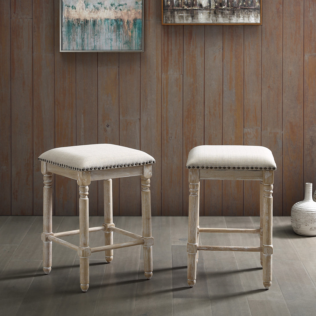 Arnhem Wood Upholstered Counter Height Stool, Set Of 2, Tan Tan Brown Dining Room Polyester Spot Clean Rectangular Wood