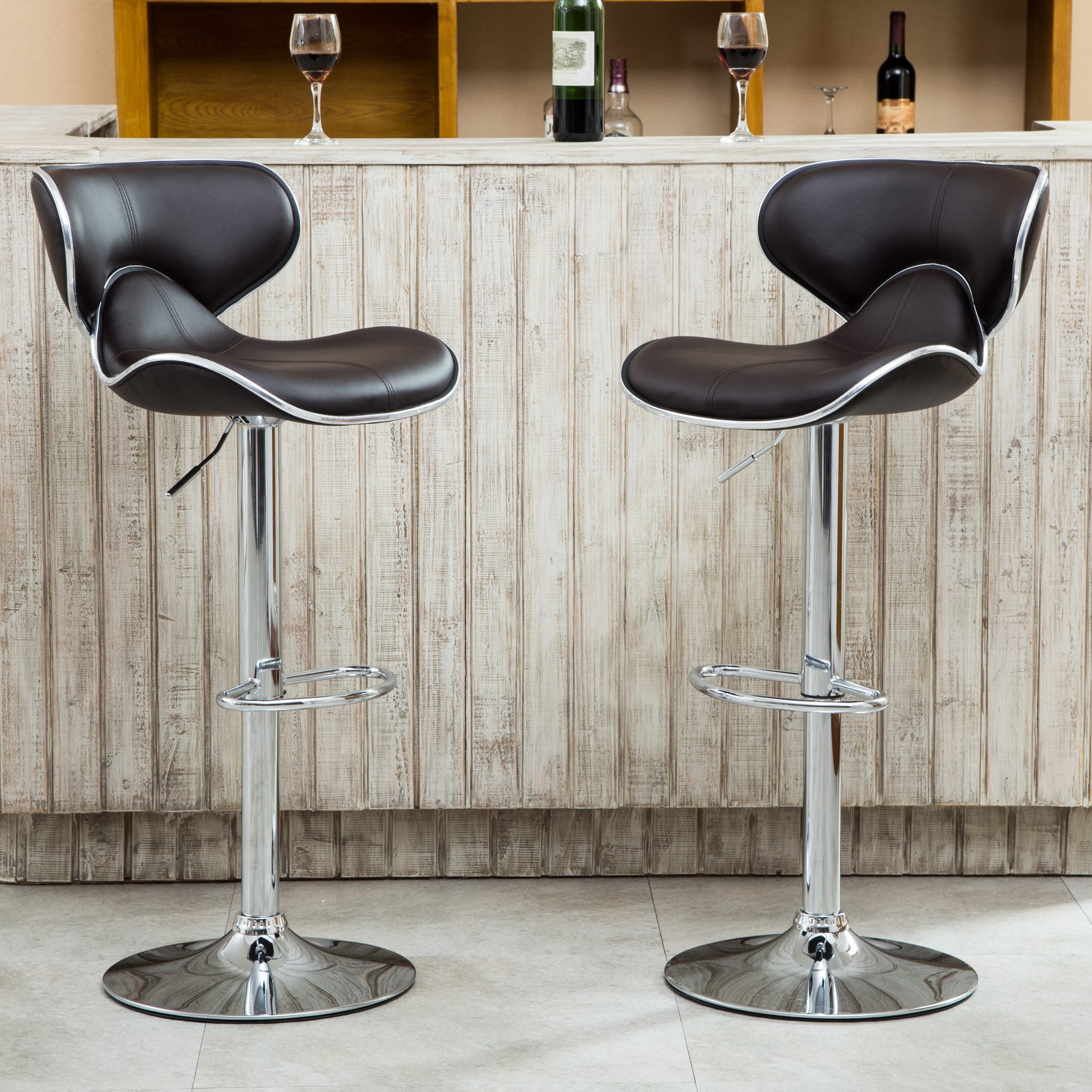 Masaccio Upholstery Airlift Adjustable Swivel Barstool With Chrome Base, Set Of 2, Brown Brown Faux Leather