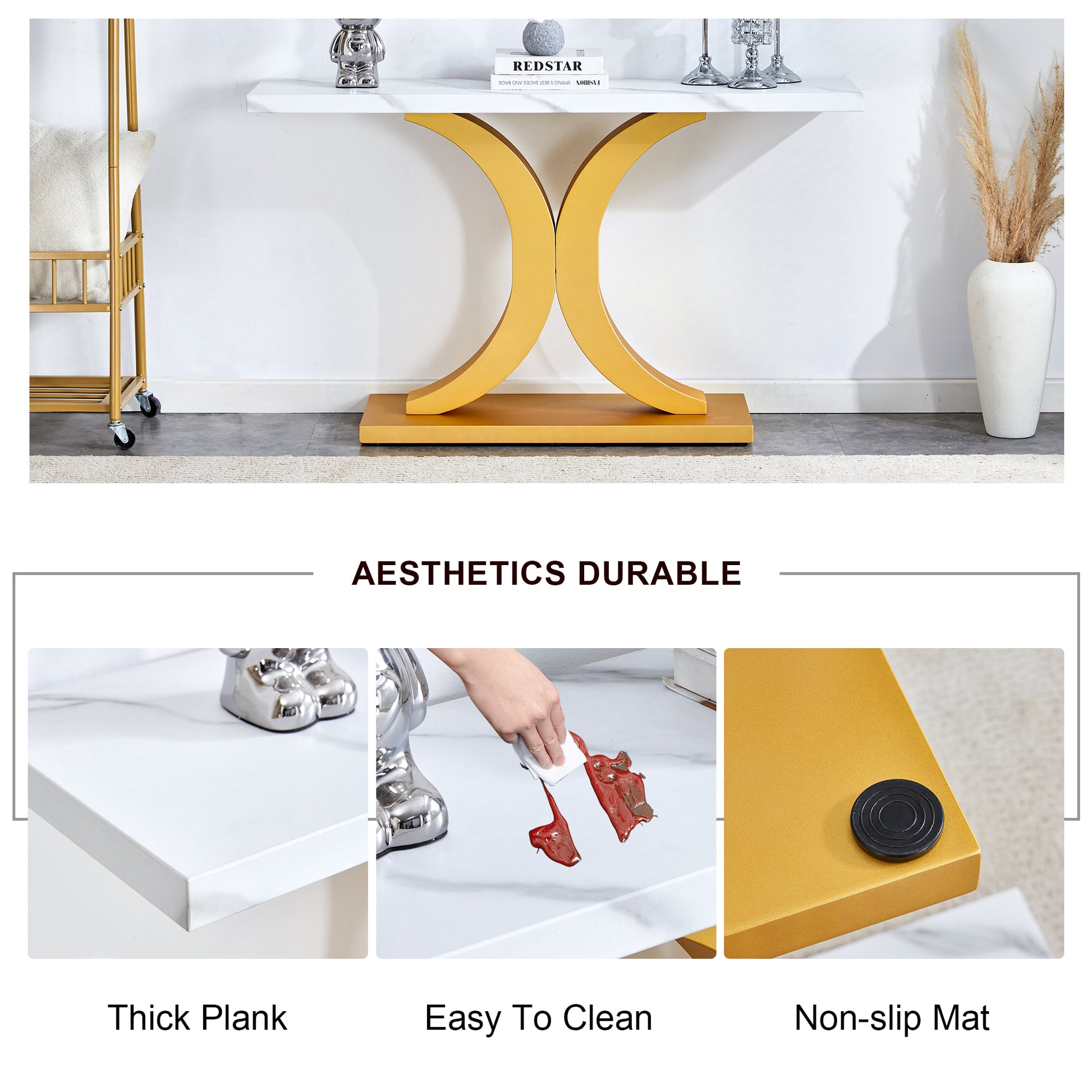 A Modern Minimalist Style Foyer Table With White Tabletop, Gold Bracket, And Bottom Plate, Enhancing The Beauty And Artistic Atmosphere Of The Home, Suitable For The Foyer Fxg White Gold Mdf