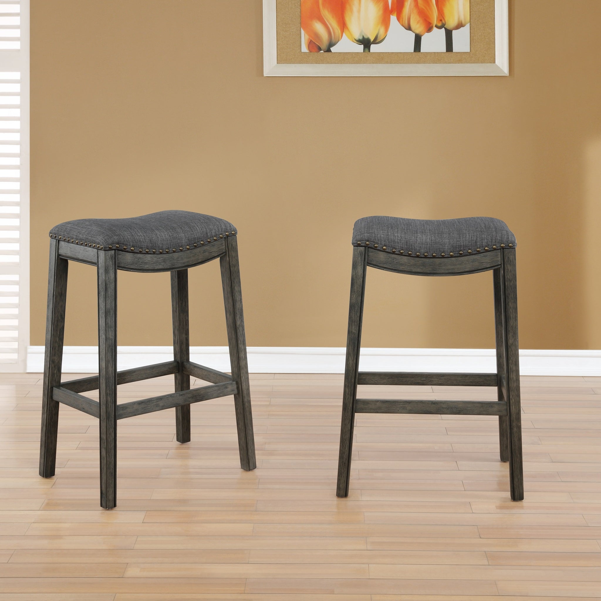 Maroni Whitewash Finish Faric Upholstery Nailheaded Saddle Barstool In Gray, Set Of 2 Gray Wood