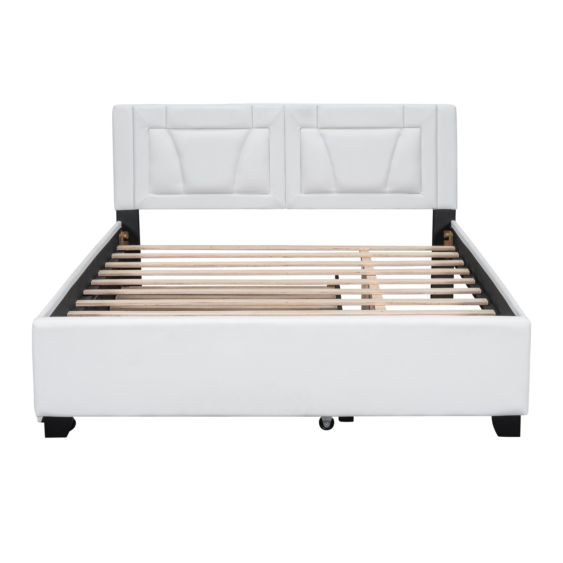Queen Size Upholstered Platform Bed With Headboard And Twin Size Trundle, White Box Spring Not Required Queen White Bedroom Faux Leather Upholstered