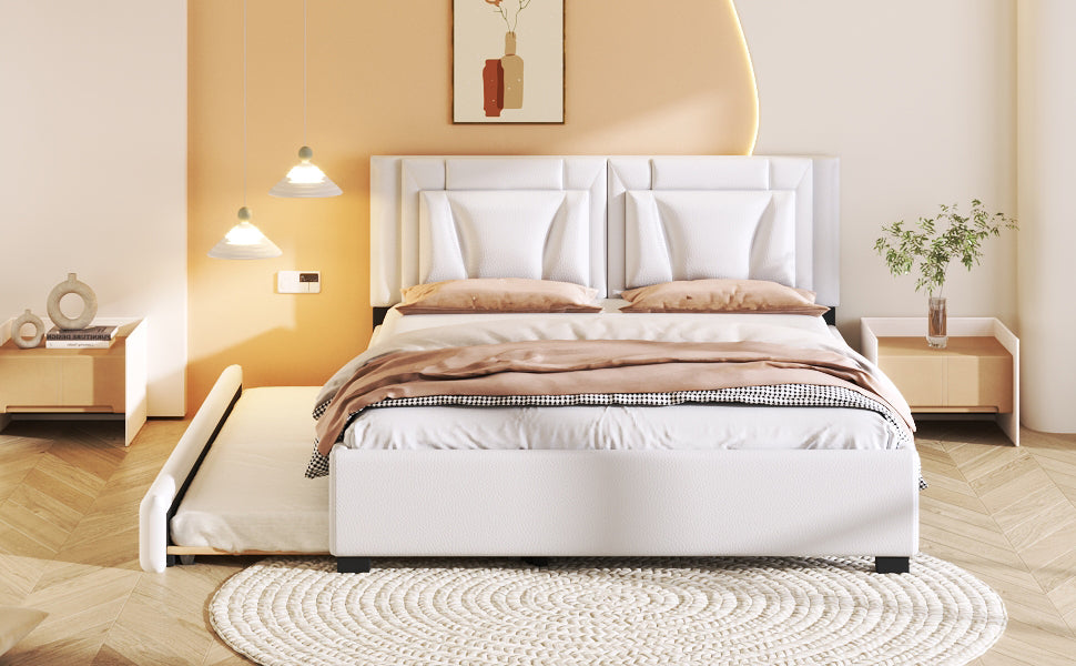Queen Size Upholstered Platform Bed With Headboard And Twin Size Trundle, White Box Spring Not Required Queen White Bedroom Faux Leather Upholstered