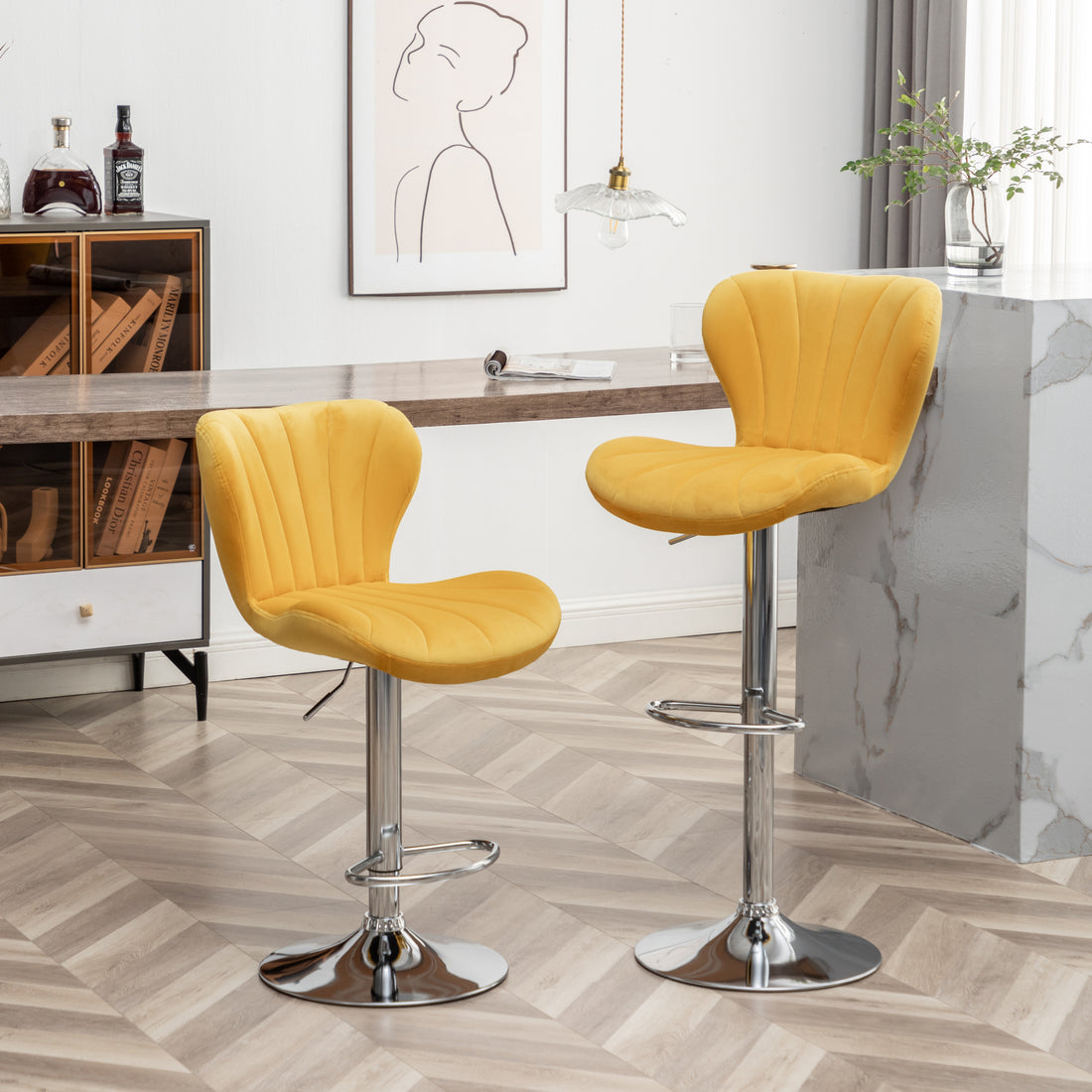 Ellston Upholstered Adjustable Swivel Barstools In Yellow, Set Of 2 Yellow Polyester